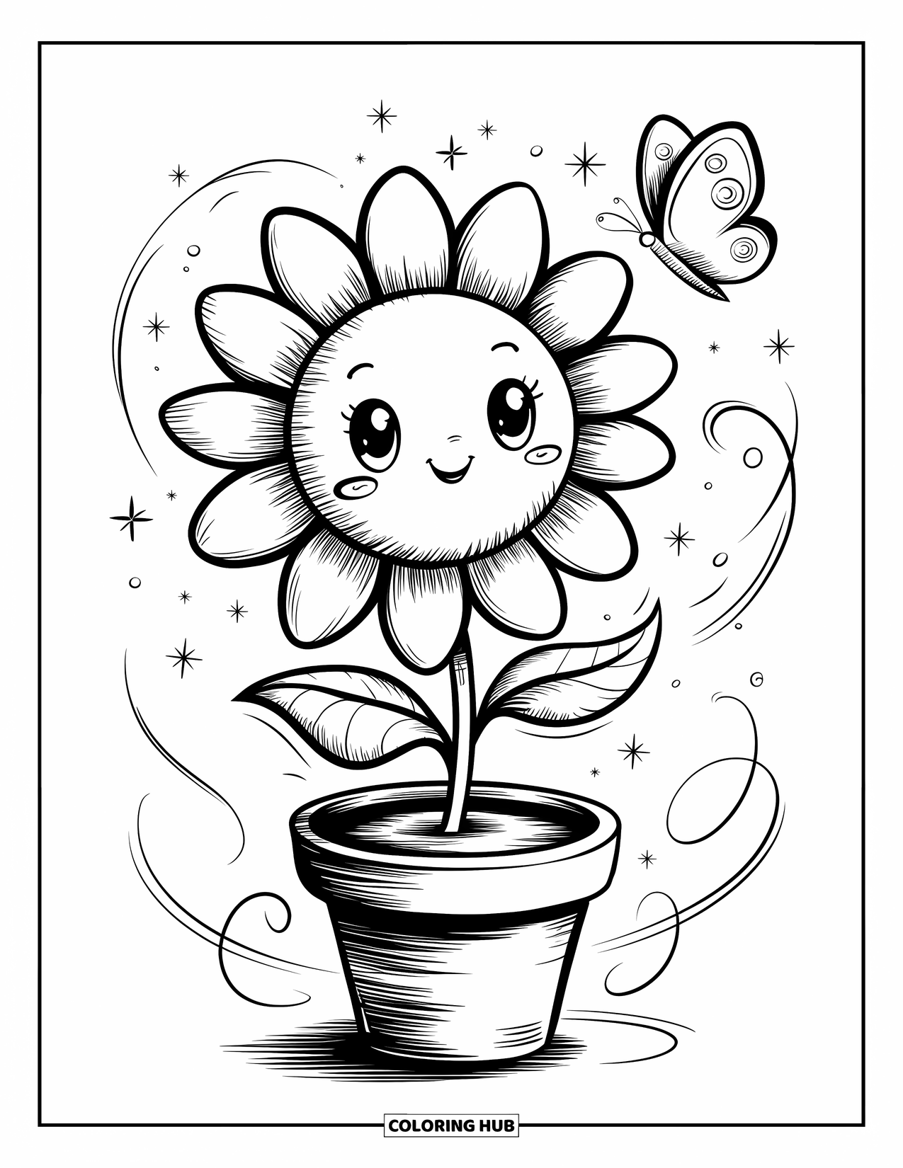 Dibujo de flores para colorear para adultos: Un girasol con pétalos regordetes y una pequeña maceta saluda alegremente, rodeado de chispas y remolinos