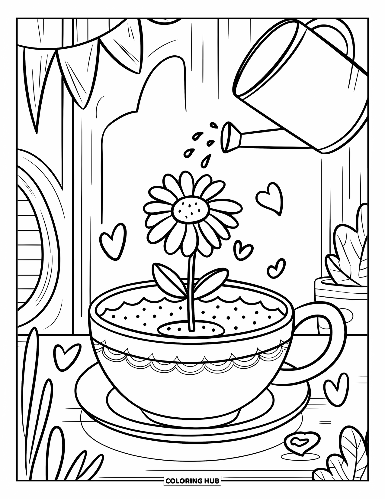 Dibujo de flores para colorear para adultos: Una maceta de taza de té sostiene una alegre margarita mientras una regadera rocía suavemente agua sobre ella