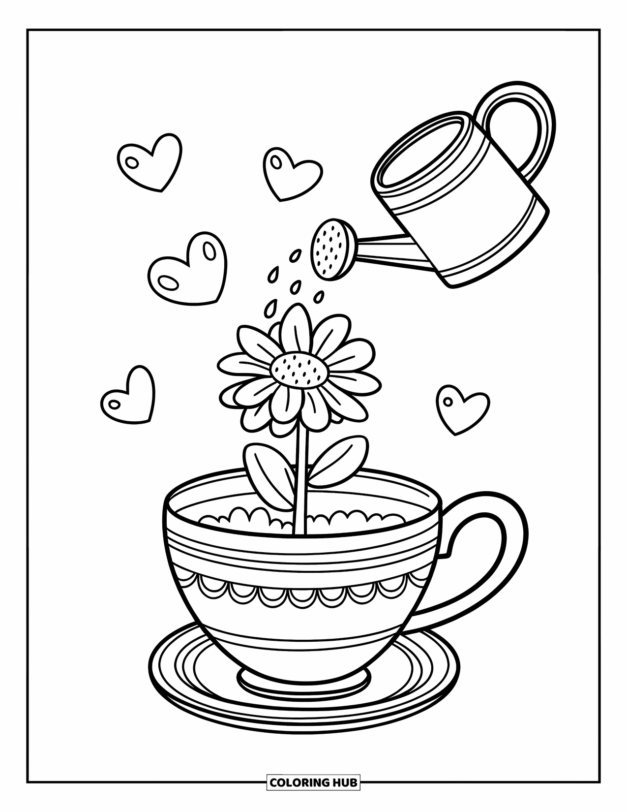 Dibujo de flores para colorear para adultos: Una maceta de taza de té con una margarita y pétalos en forma de corazón que caen, mientras una regadera rocía suavemente agua