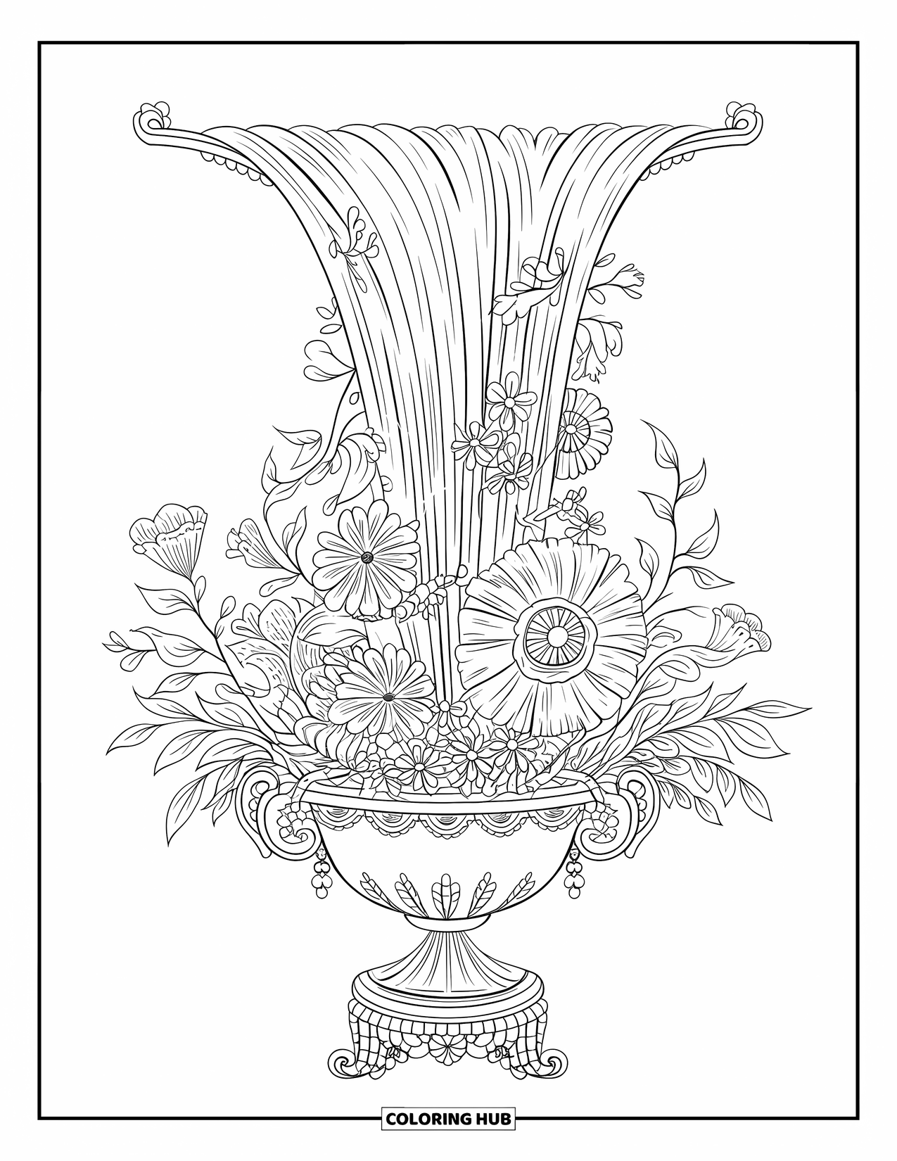 Dibujo de flores para colorear para adultos: Una cascada de flores y hojas brota de un jarrón decorado que descansa sobre una base decorativa