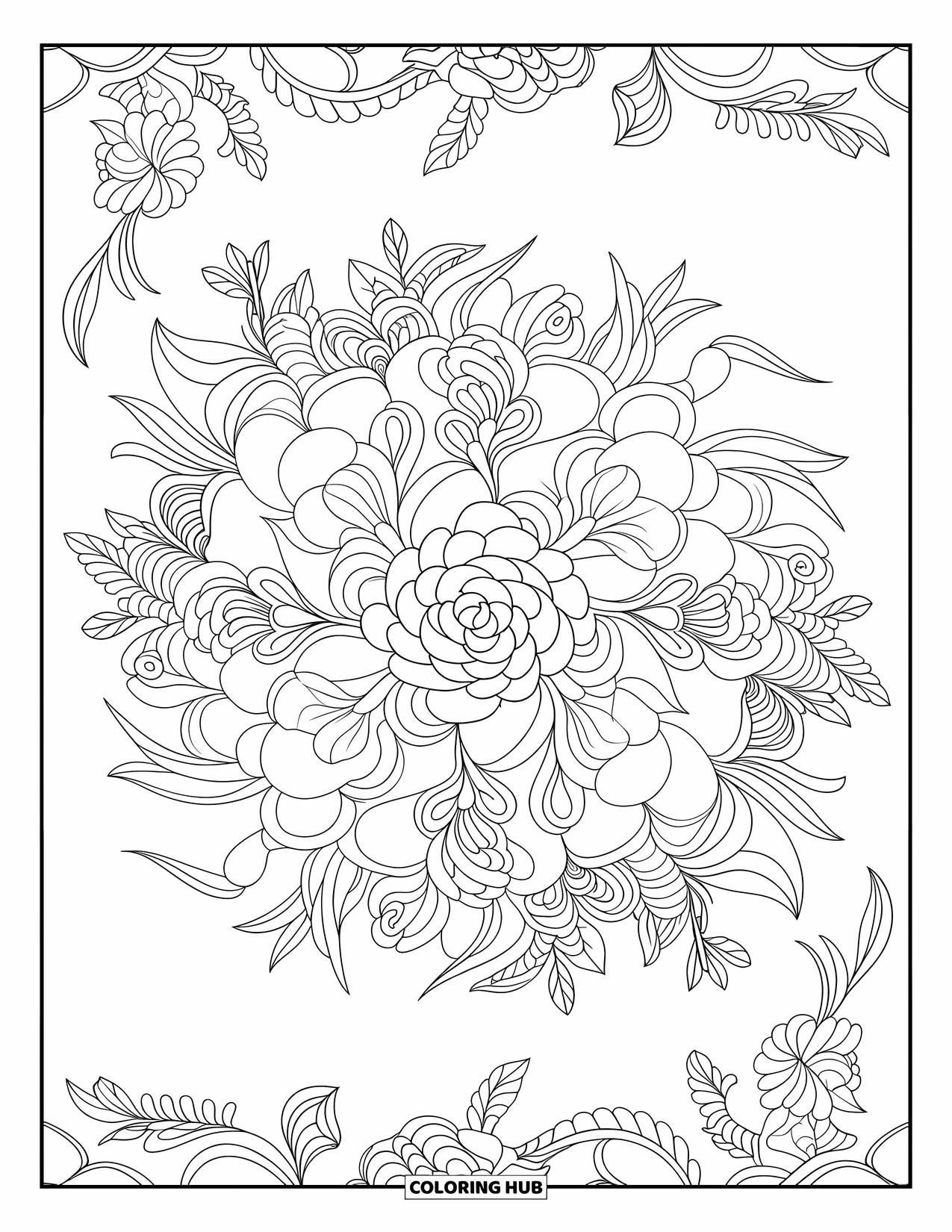 Dibujo de flores para colorear para adultos: Un mandala floral intrincado con rosas, lirios y enredaderas arremolinadas que forman un patrón simétrico detallado
