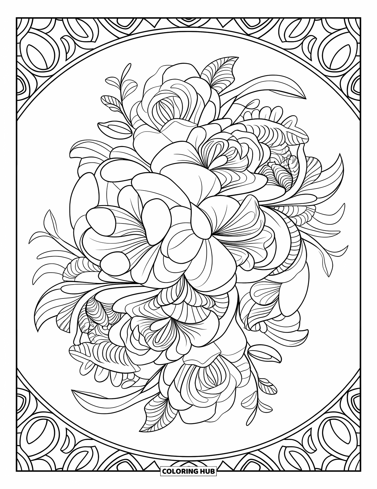 Dibujo de flores para colorear para adultos: Un intrincado mandala floral con rosas, lirios y enredaderas arremolinadas sobre un fondo circular estampado