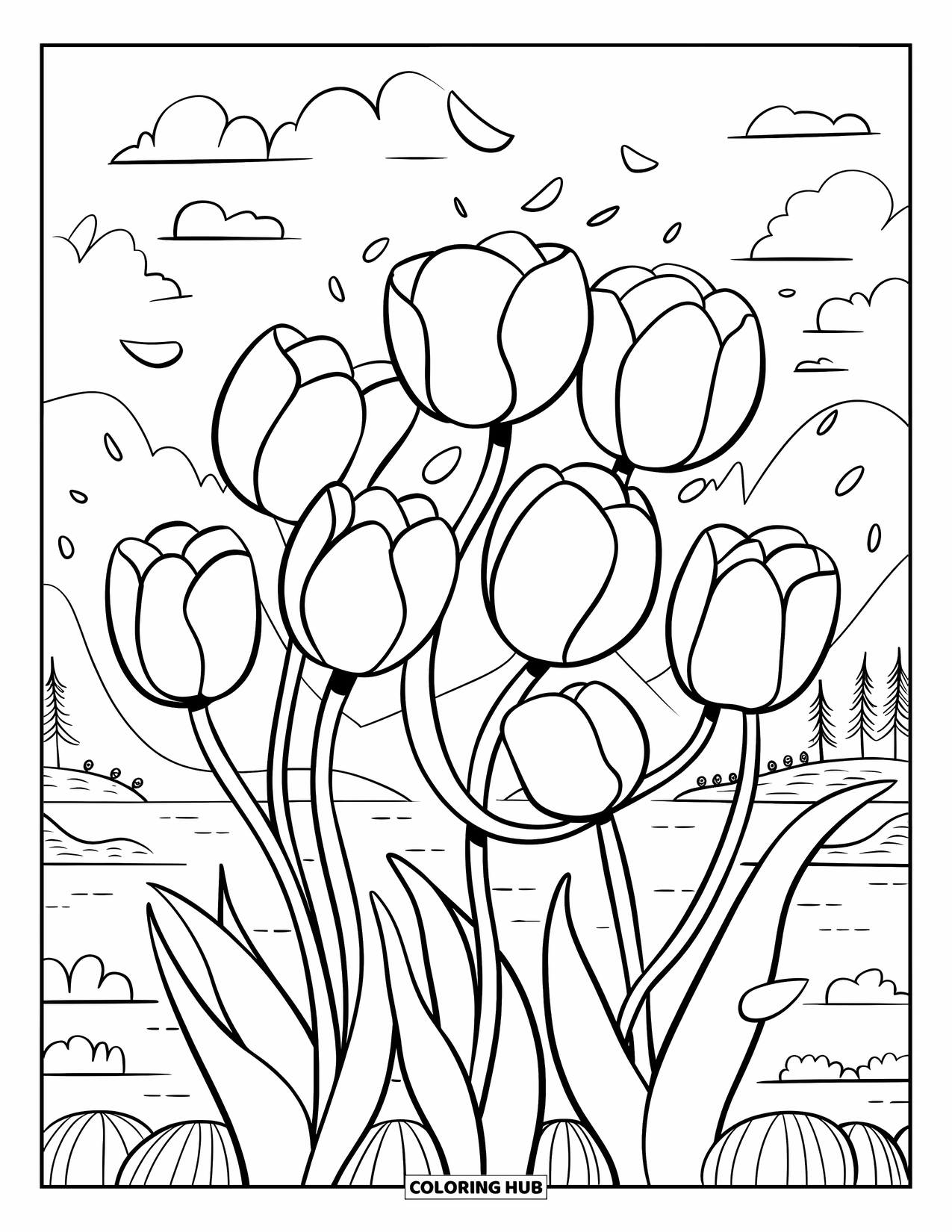 Dibujo de flores para colorear para adultos: Tulipanes danzantes se balancean juntos en el viento, con pétalos flotantes que añaden un toque de ensueño