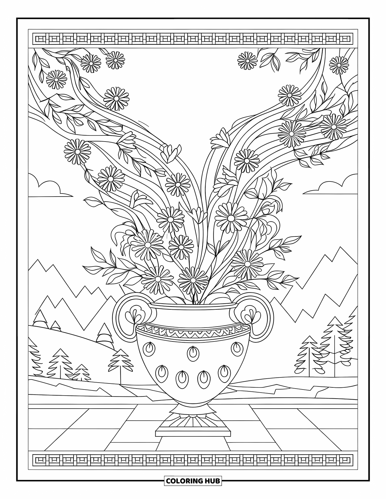 Dibujo de flores para colorear para adultos: Flores y hojas caen en cascada desde un jarrón de diseño intrincado sobre un sereno paisaje montañoso