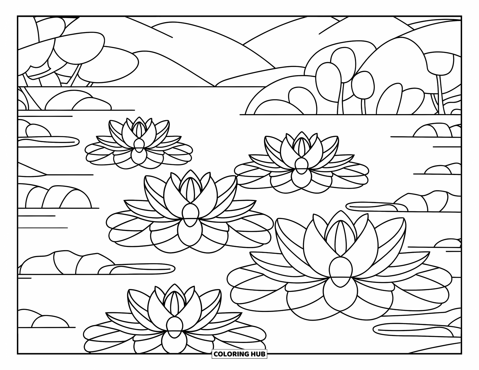 Dibujo de flores para colorear para adultos: Flores de loto con pétalos en capas flotan suavemente en aguas tranquilas contra un paisaje montañoso pacífico