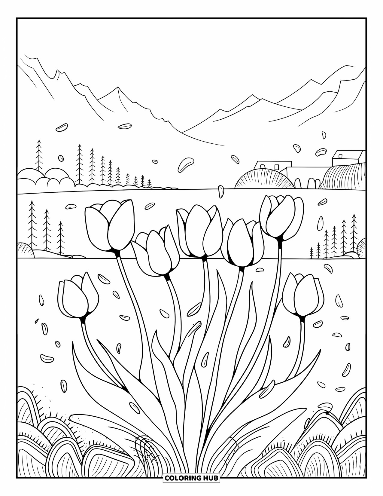 Dibujo de flores para colorear para adultos: Tulipanes ondulantes bailan en el viento, con pétalos suaves a la deriva y un paisaje escénico más allá