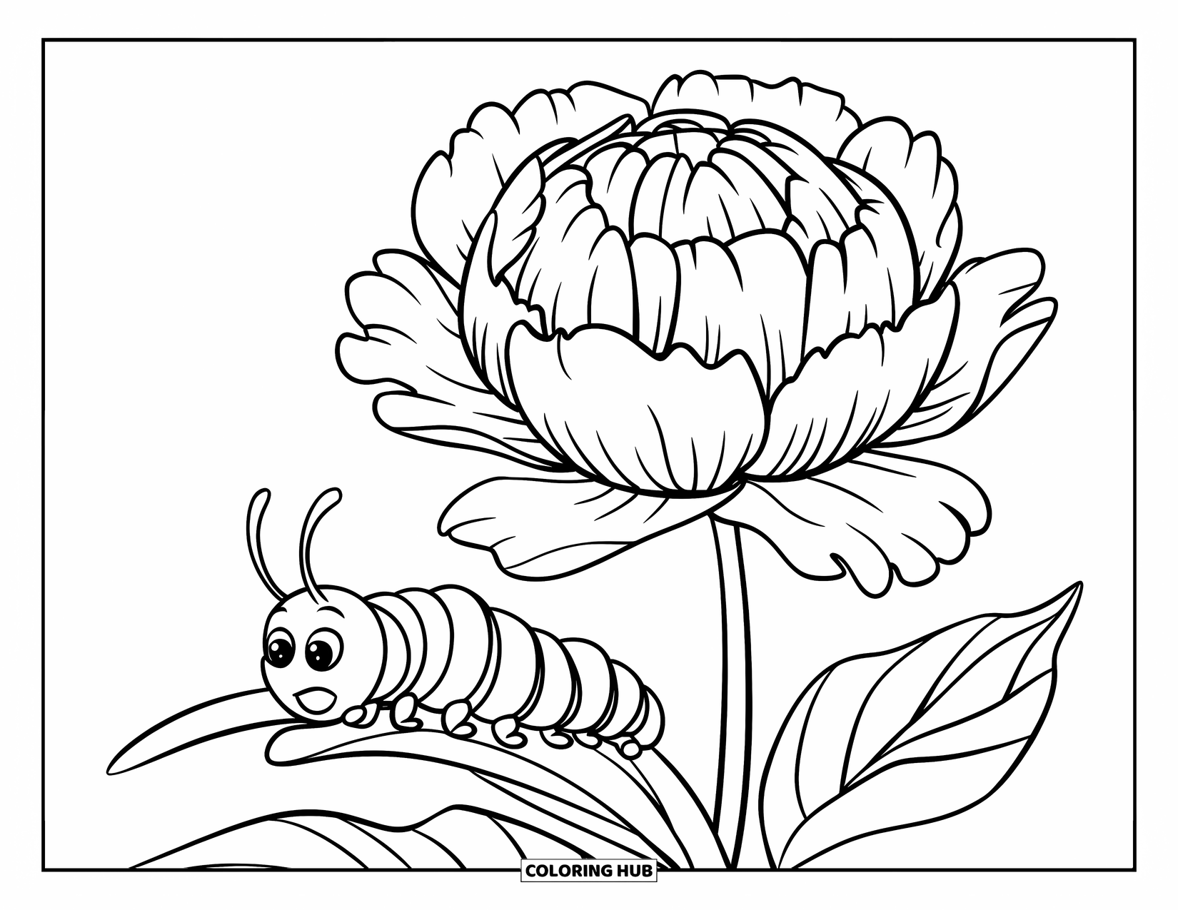 Dibujo de flores para colorear para niños: Una peonía en flor con pétalos suaves en capas y una oruga explorando una hoja cercana
