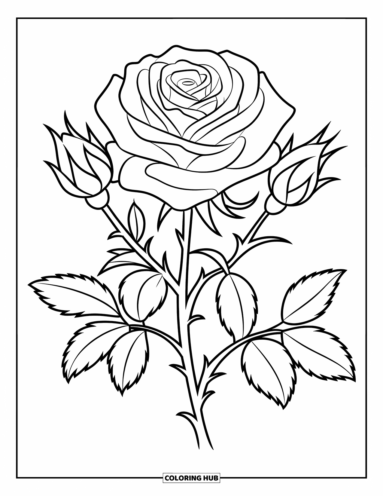 Dibujo de flores para colorear para niños: Una rosa floreciente con pétalos en capas y dos brotes, con pequeñas hojas a lo largo de su tallo delineado