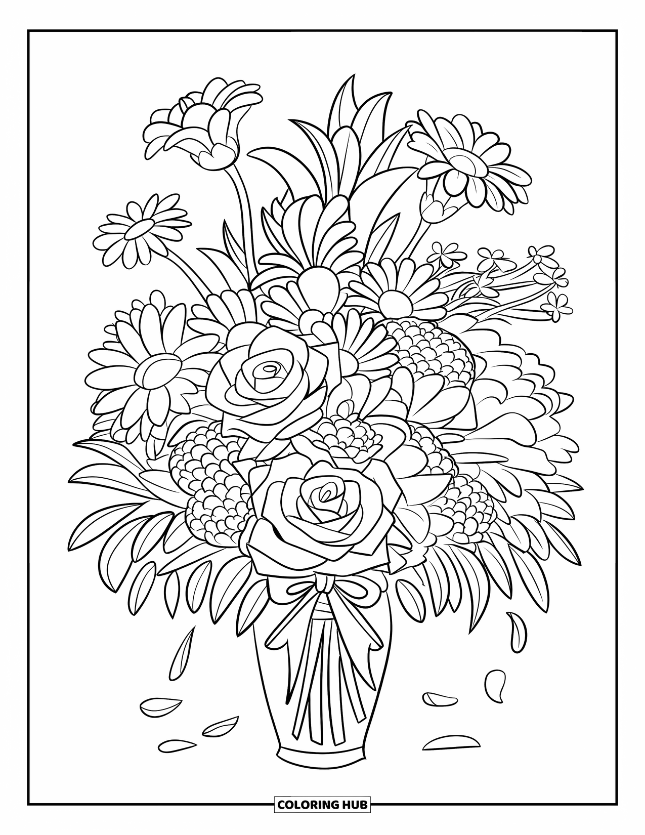 Dibujo de flores para colorear para niños: Un ramo de flores mixtas arreglado en un jarrón, con pétalos sueltos esparcidos en el suelo
