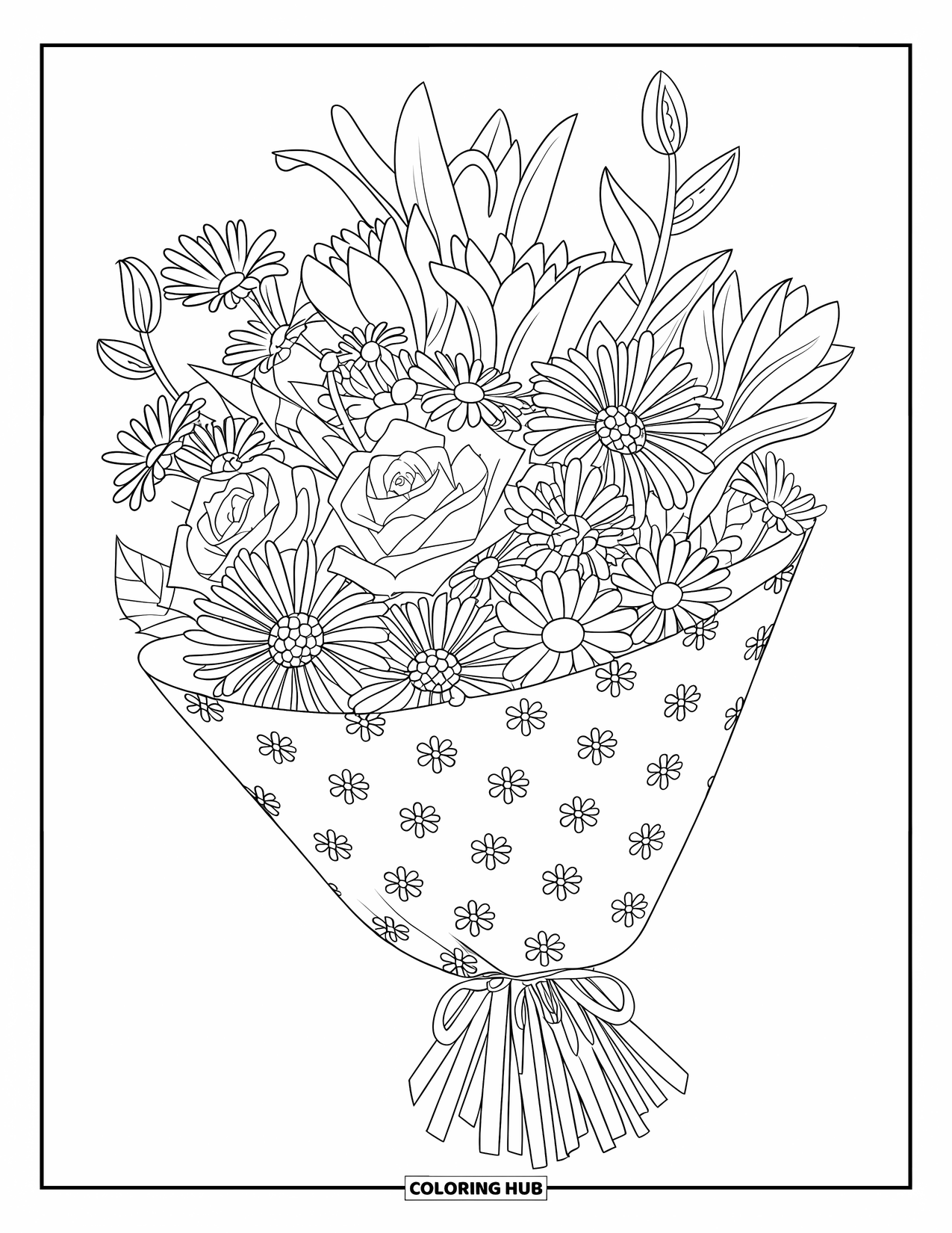 Dibujo de flores para colorear para niños: Un ramo de rosas y margaritas envuelto en papel decorativo, con tallos y hojas visibles