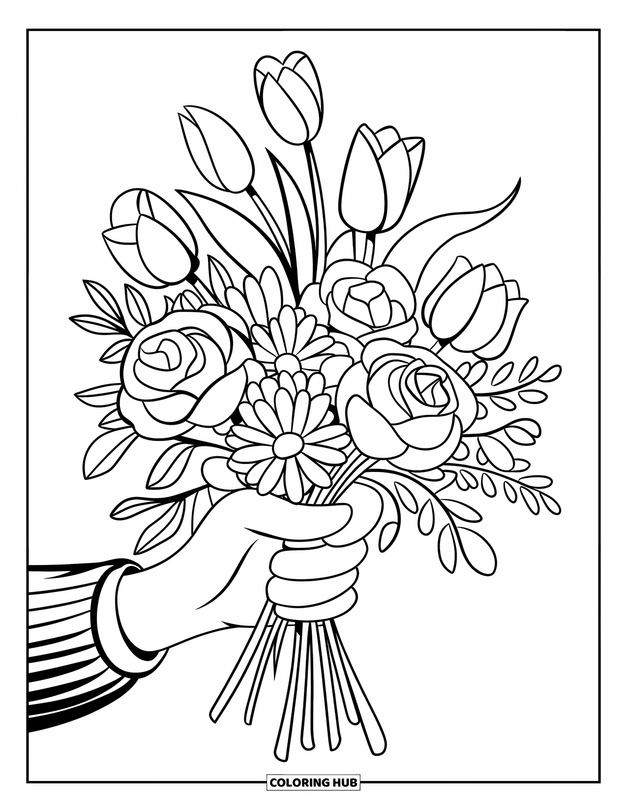 Dibujo de flores para colorear para niños: Un ramo de rosas, margaritas y tulipanes sostenido suavemente en una mano enguantada con hojas entrelazadas