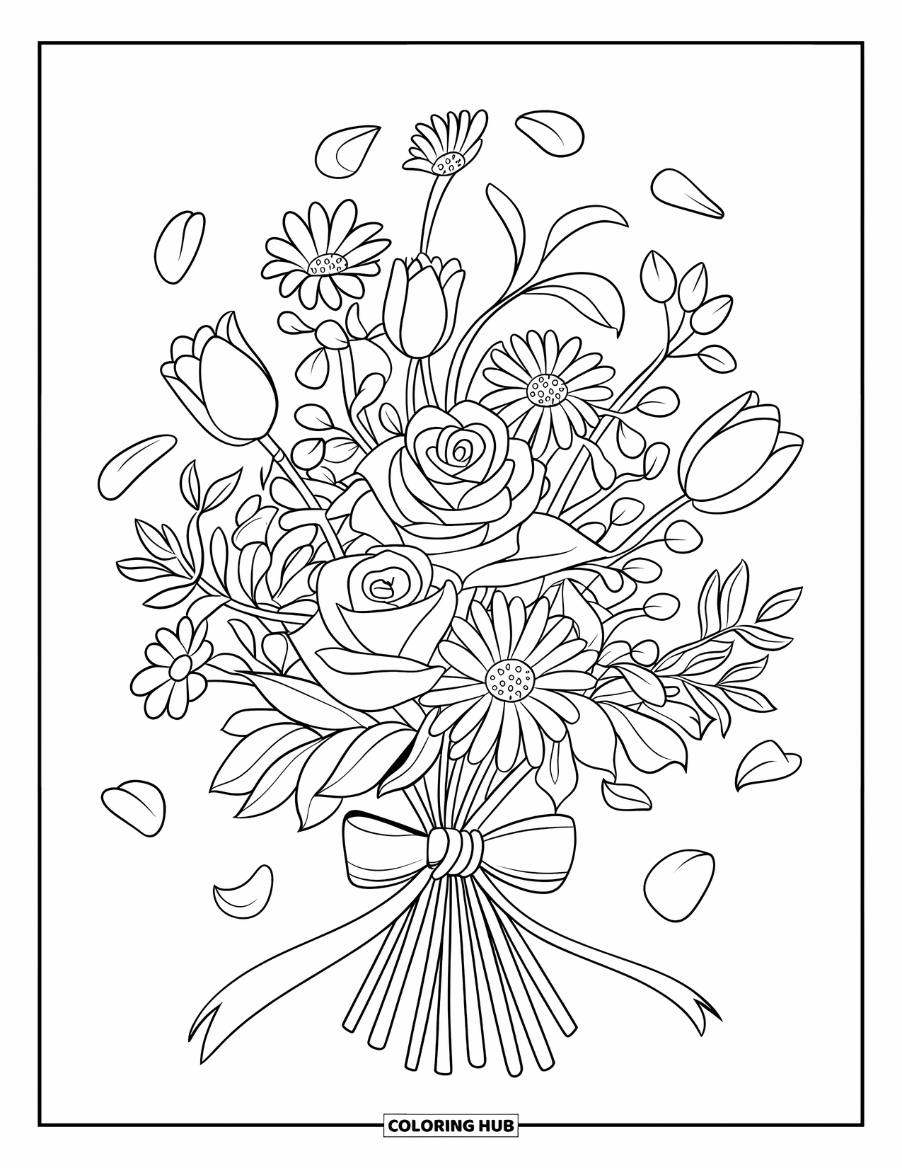 Dibujo de flores para colorear para niños: Un ramo de rosas, margaritas y tulipanes atado con una cinta, con pétalos cayendo suavemente