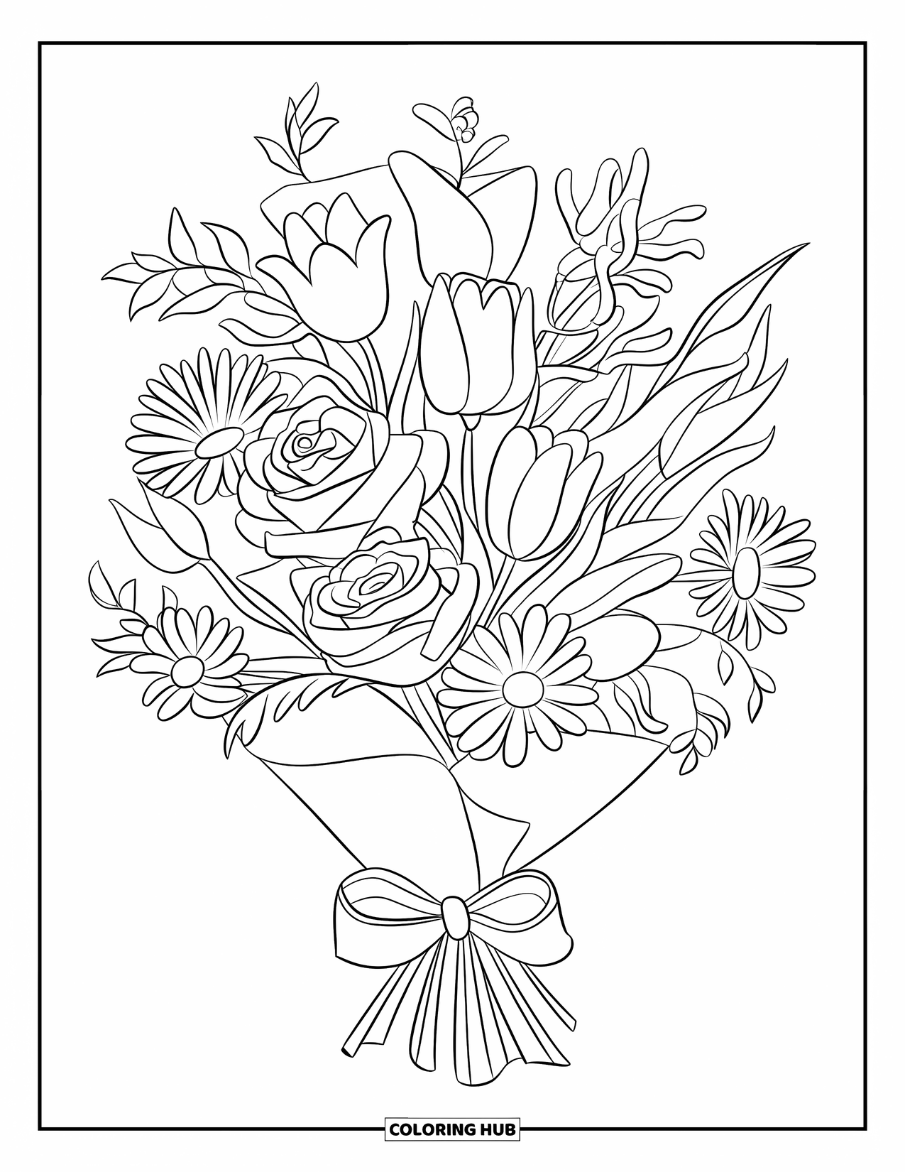Dibujo de flores para colorear para niños: Un ramo de tulipanes, margaritas y lirios envuelto en papel y atado con una cinta