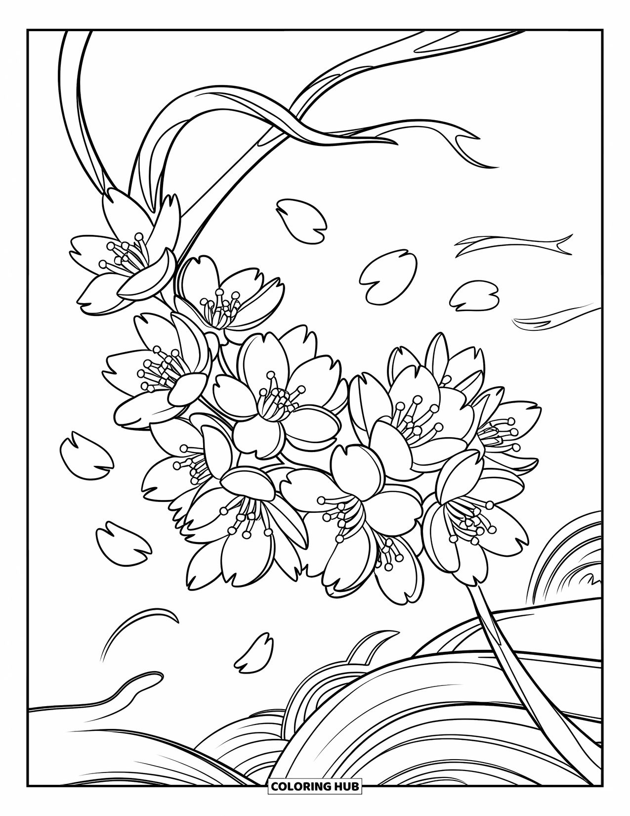 Dibujo de flores para colorear para niños: Una rama se dobla bajo el peso de las flores de cerezo en flor, con pétalos dispersos a la deriva debajo