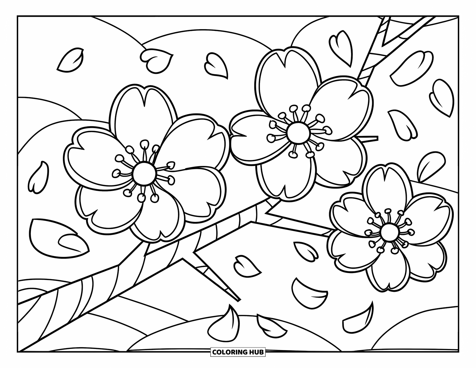 Dibujo de flores para colorear para niños: Un cerezo en flor con grandes flores y pétalos caídos esparcidos alrededor
