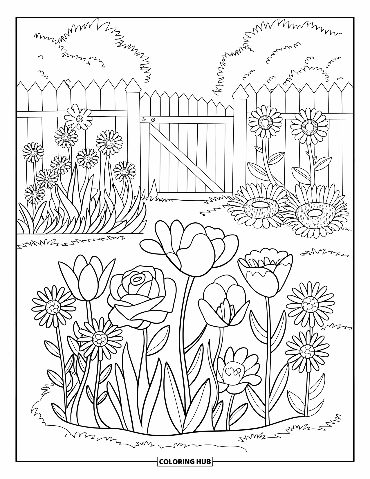 Dibujo de flores para colorear para niños: Un arreglo circular de jardín con rosas, tulipanes, margaritas y girasoles, rodeado por una cerca encantadora