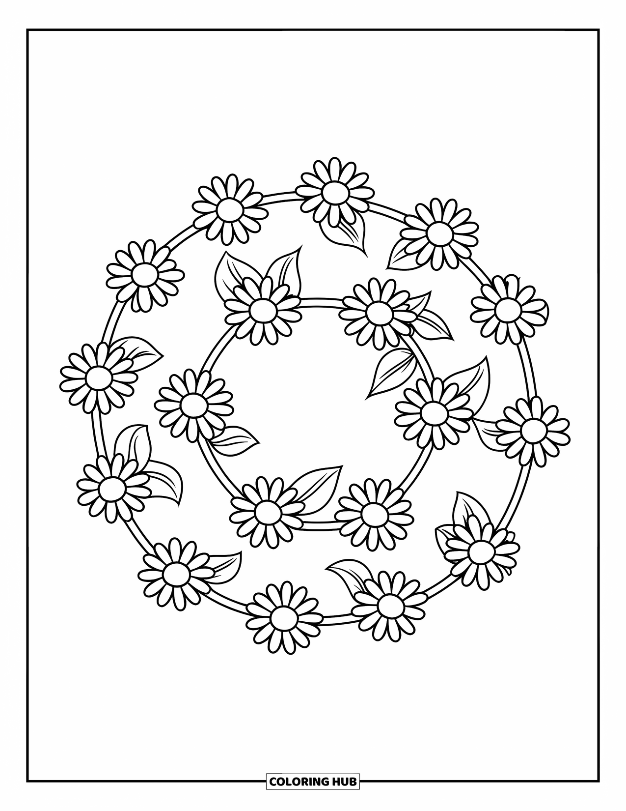 Dibujo de flores para colorear para niños: Una cadena de margaritas forma un círculo perfecto, con pequeñas hojas asomando por los huecos