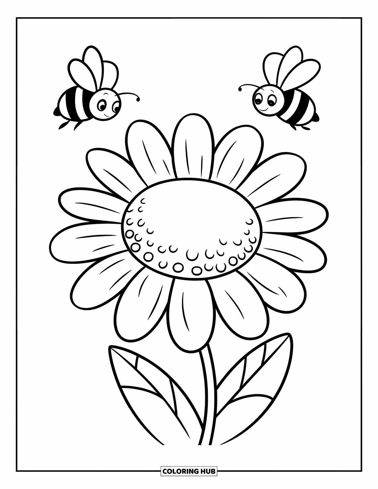 Dibujo de flores para colorear para niños: Una margarita con pétalos en capas y dos abejas juguetonas volando a su alrededor