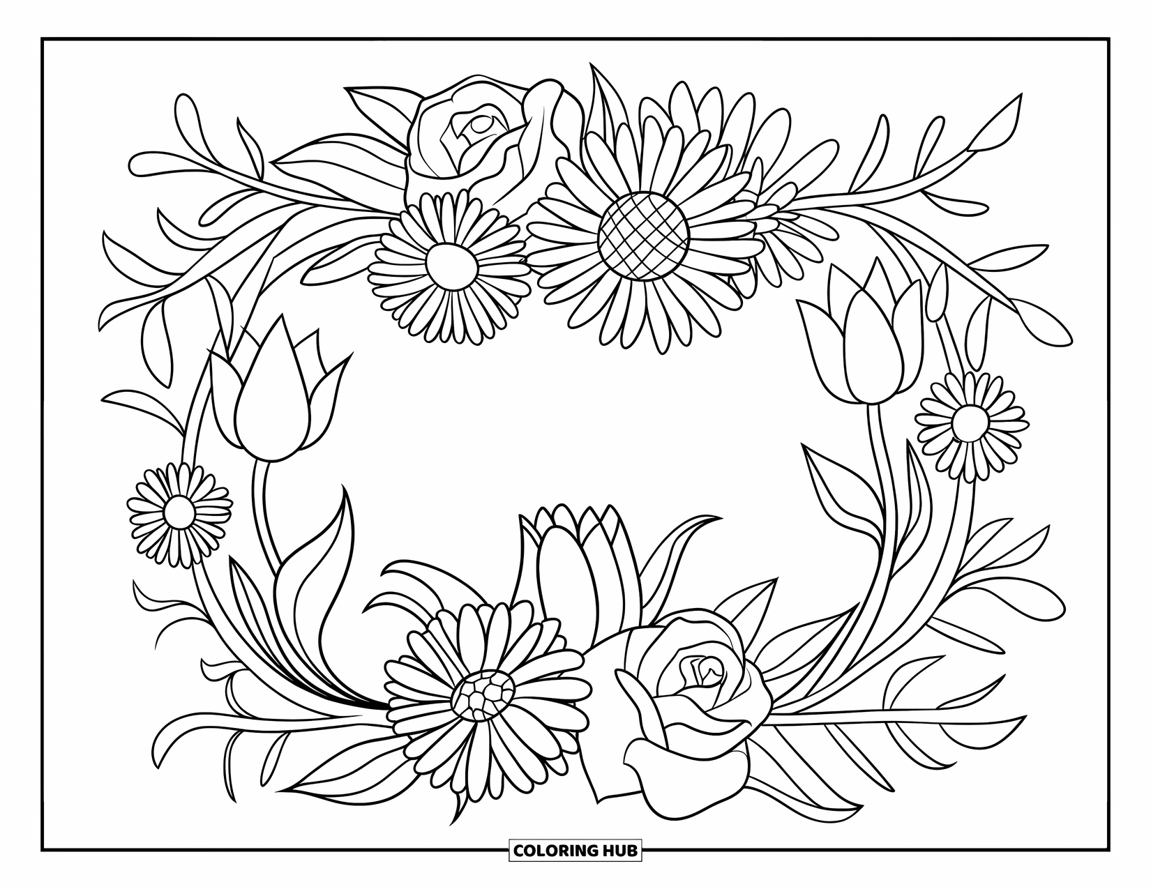 Dibujo de flores para colorear para niños: Un marco de flores decorativo con rosas, margaritas, tulipanes y lirios que forman un borde floral