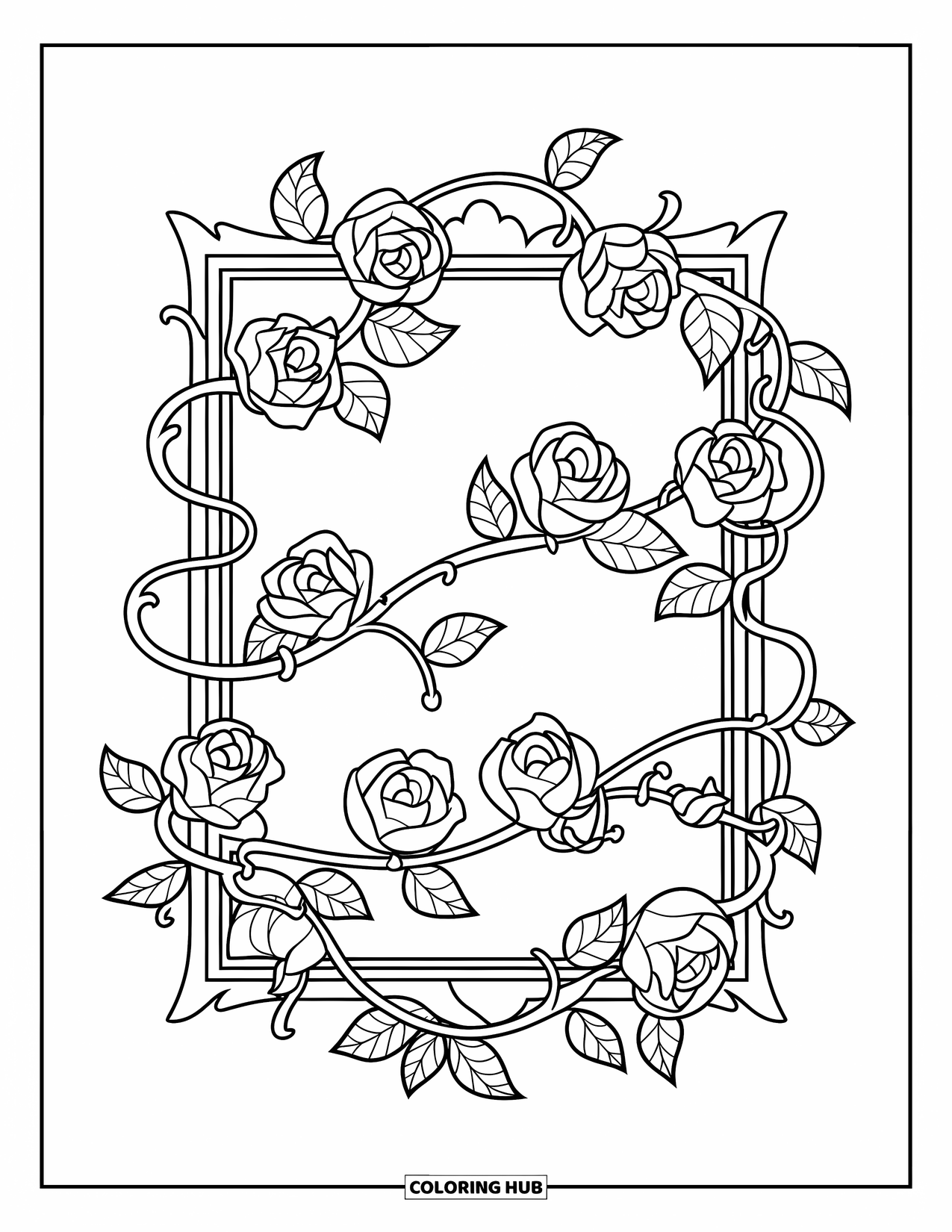 Dibujo de flores para colorear para niños: Un marco decorativo entrelazado con una enredadera de rosas trepadora, adornado con hojas y pequeños capullos de flores