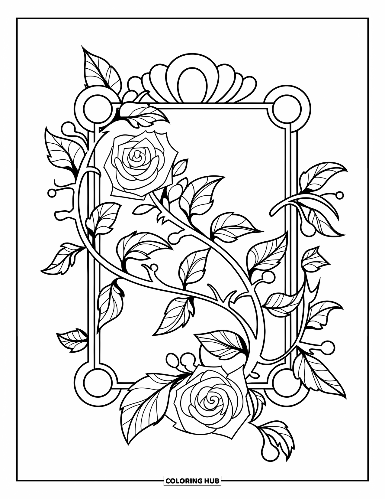 Dibujo de flores para colorear para niños: Un marco decorativo con una enredadera de rosas sinuosas, con detalles expresivos y líneas elegantemente curvas