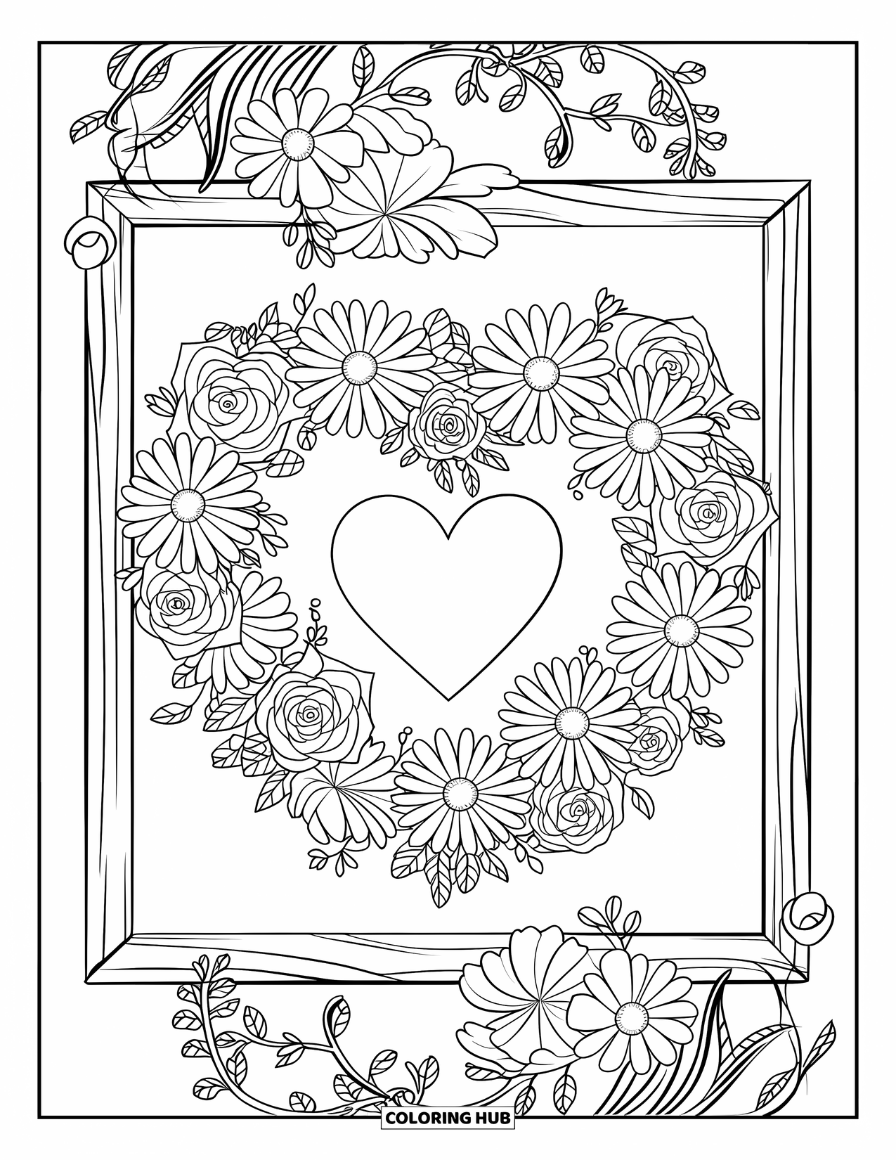 Dibujo de flores para colorear para niños: Una delicada corona floral de margaritas y rosas, colocada dentro de un marco de madera con un recorte de corazón