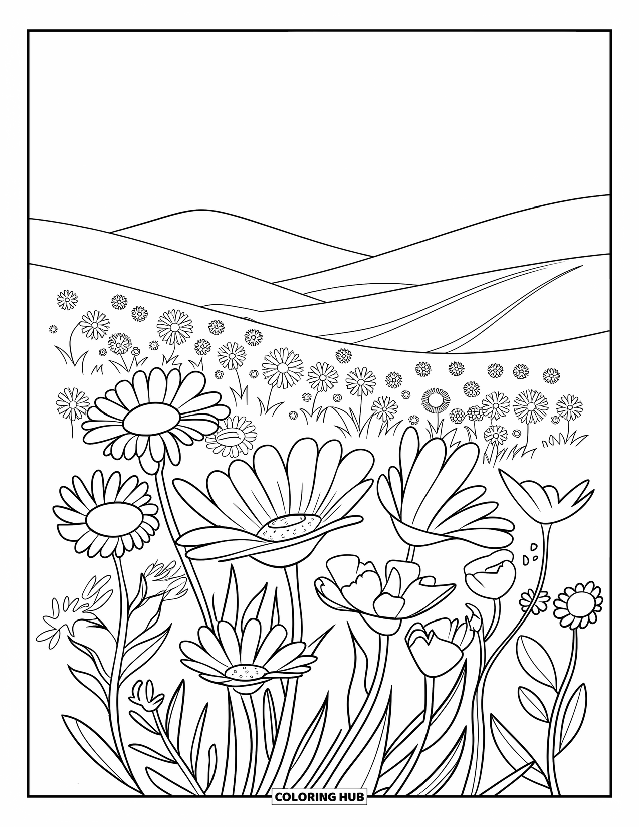 Dibujo de flores para colorear para niños: Un campo de flores silvestres se balancea en la brisa, con colinas ondulantes y un cielo despejado en el fondo