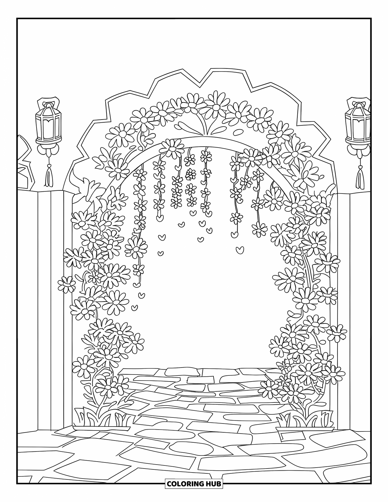 Dibujo de flores para colorear para niños: Un arco floral con pétalos en cascada en un patio, con un camino de adoquines y linternas