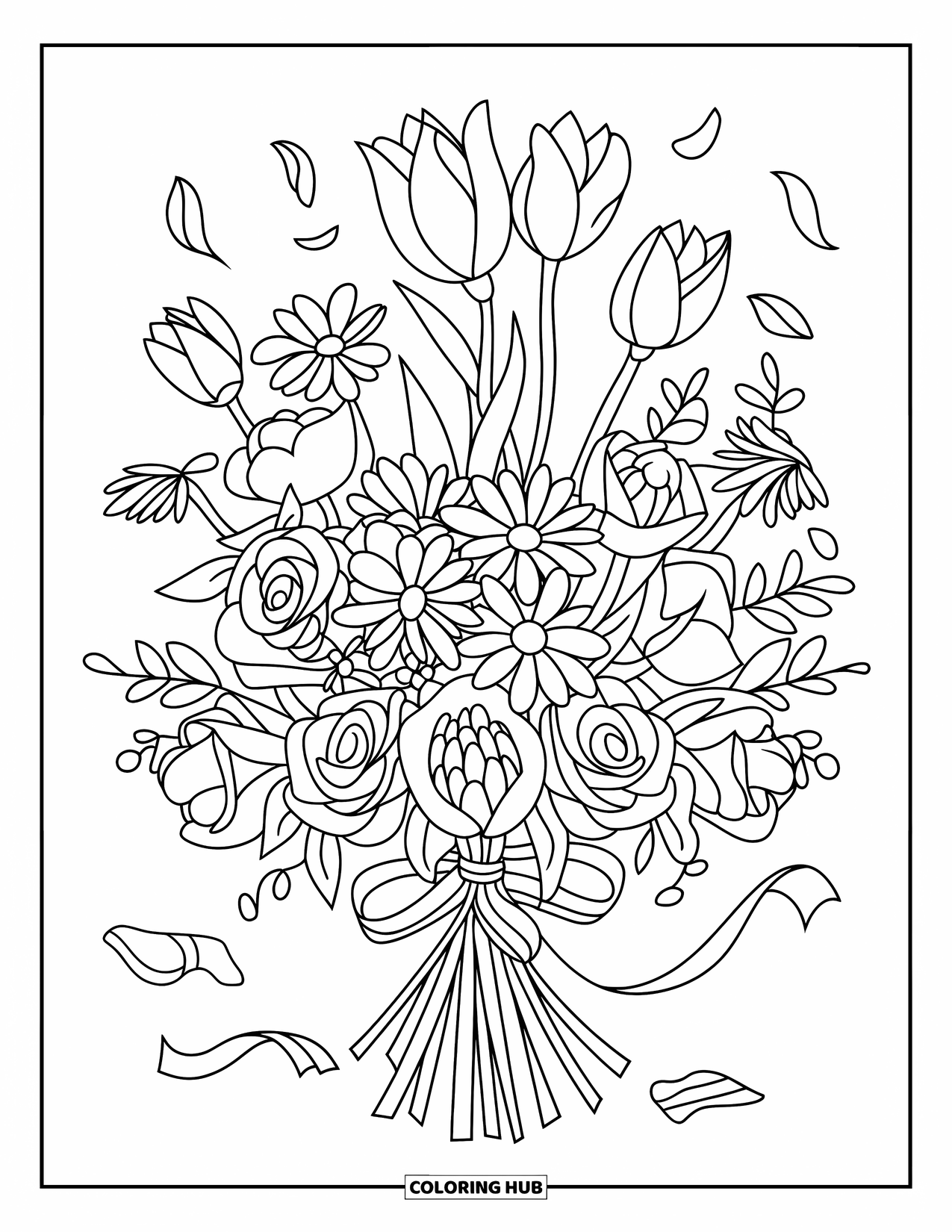 Dibujo de flores para colorear para niños: Un ramo floral con rosas, margaritas, lirios y tulipanes, envuelto en una cinta con pétalos que caen