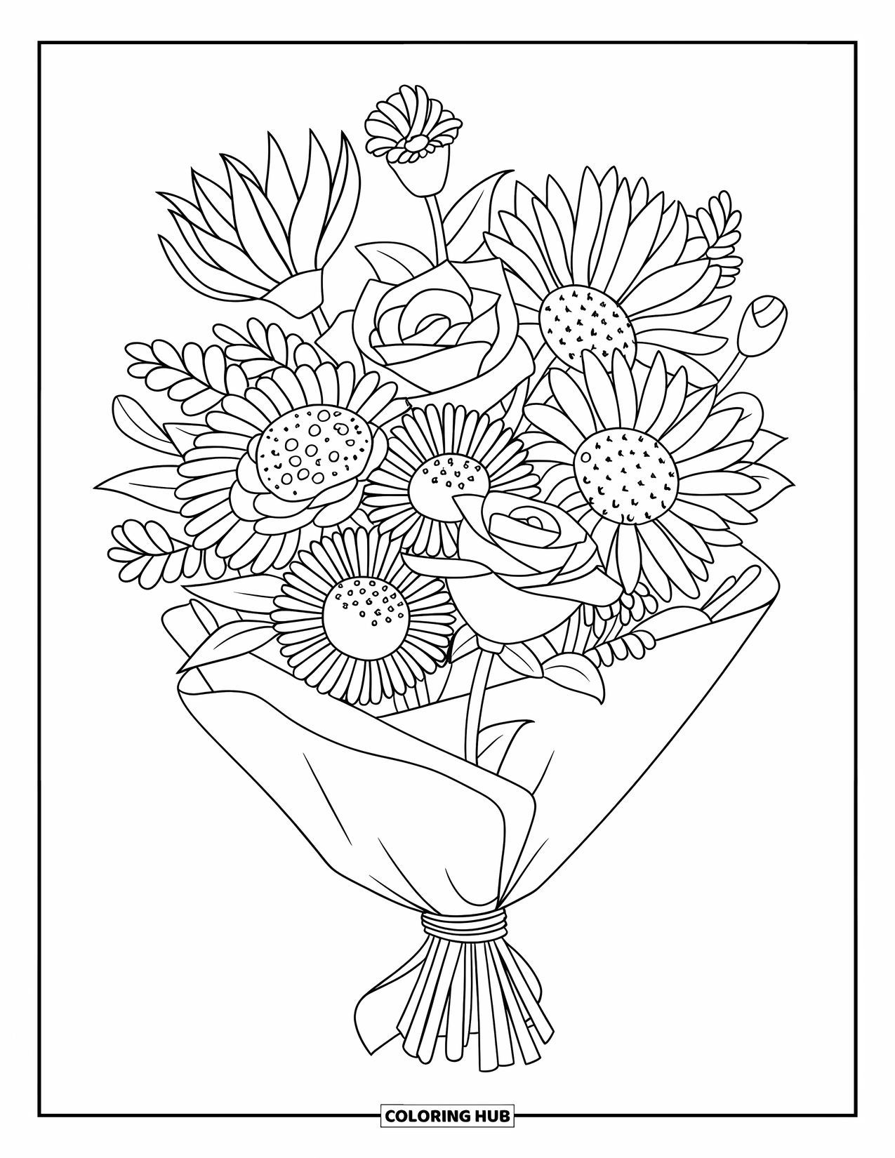 Dibujo de flores para colorear para niños: Un ramo floral con rosas, girasoles y lirios envuelto en papel y asegurado con una cuerda