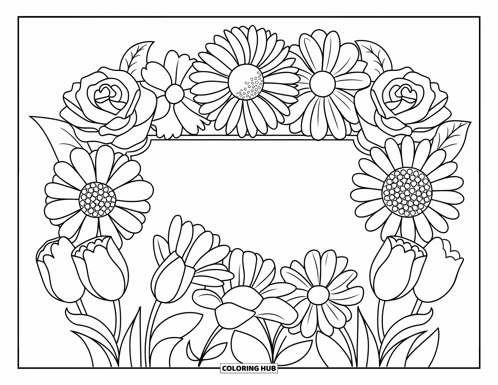 Dibujo de flores para colorear para niños: Un marco floral con rosas, margaritas, girasoles y tulipanes que rodean un centro en blanco