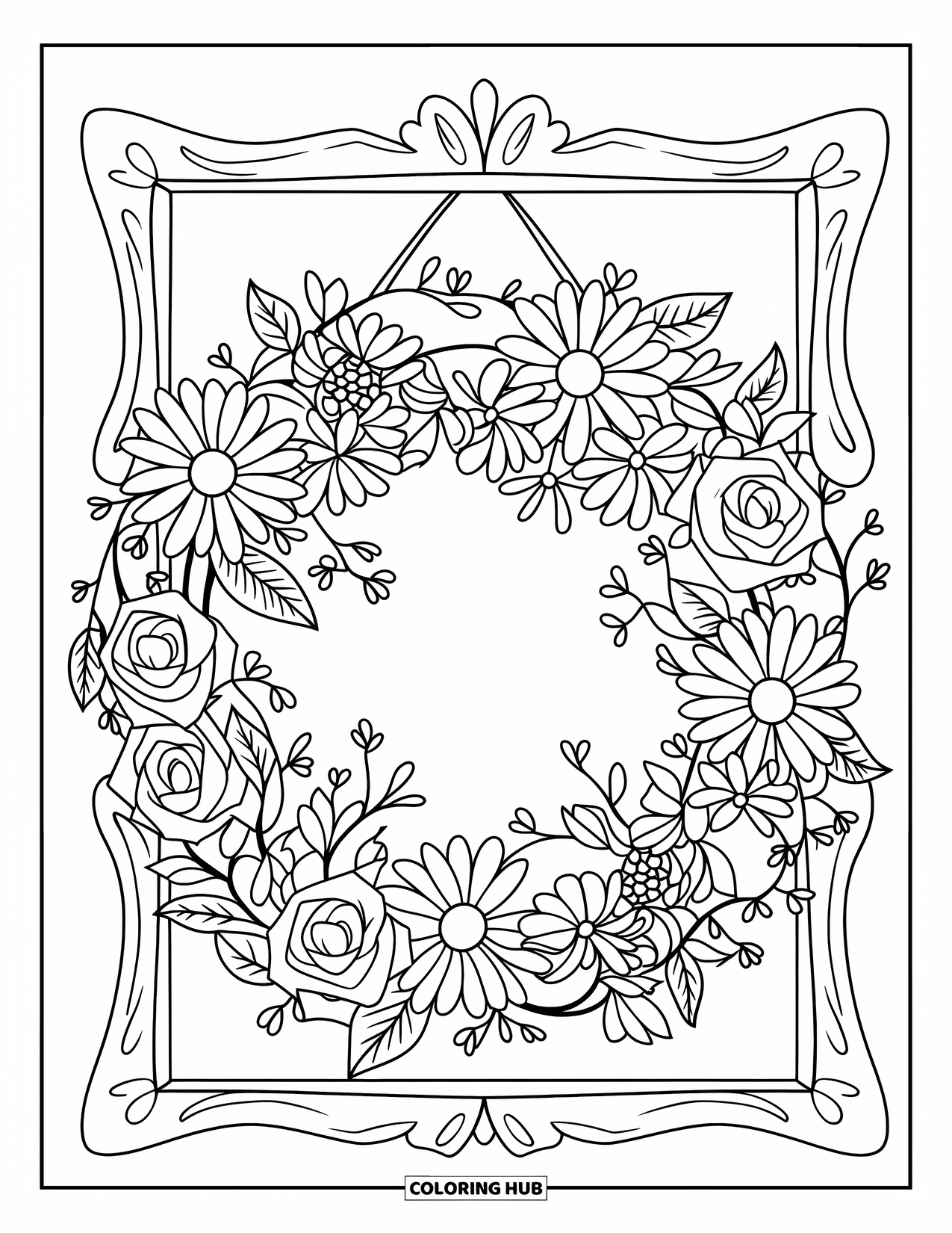 Dibujo de flores para colorear para niños: Una corona floral de margaritas y rosas colgada en un marco de madera, con hojas entrelazadas