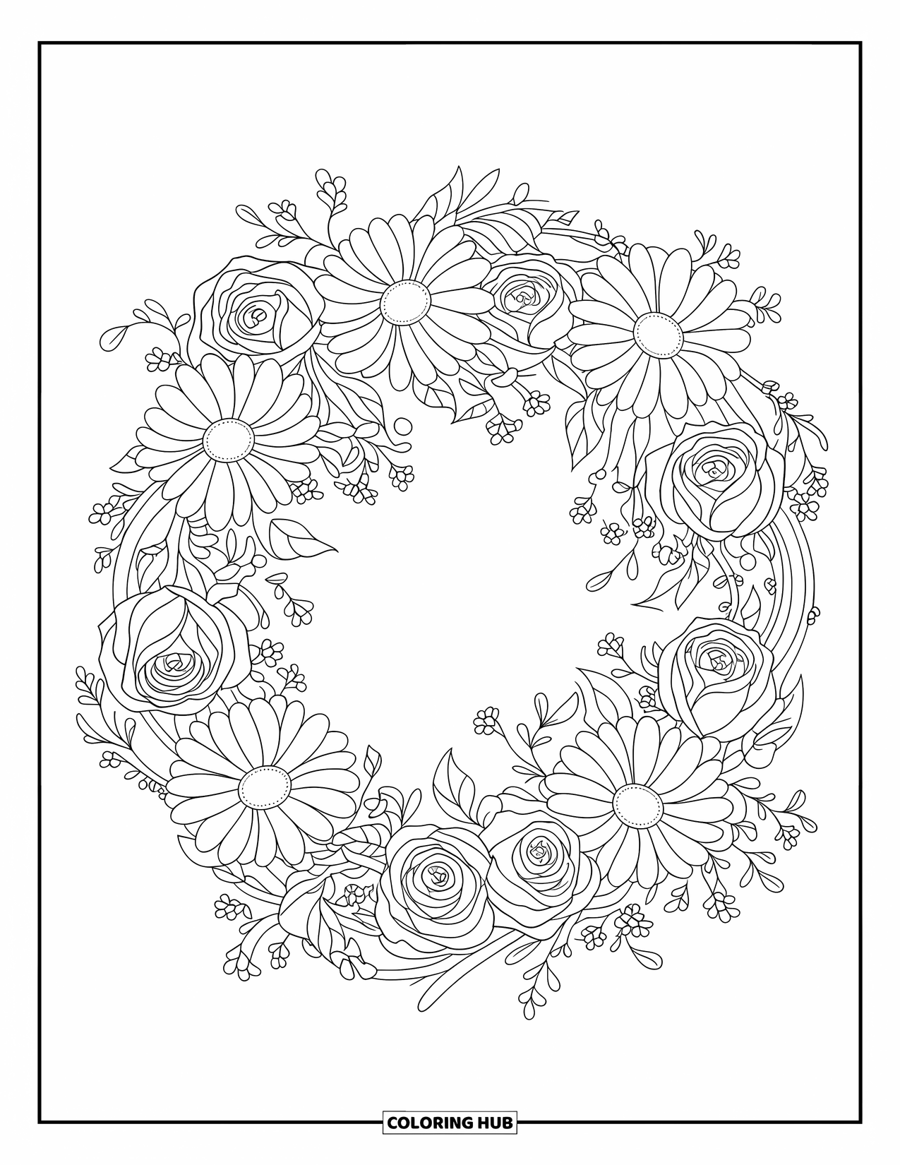 Dibujo de flores para colorear para niños: Una corona floral de margaritas, rosas y pequeñas enredaderas que se arremolinan, elegantemente enmarcada
