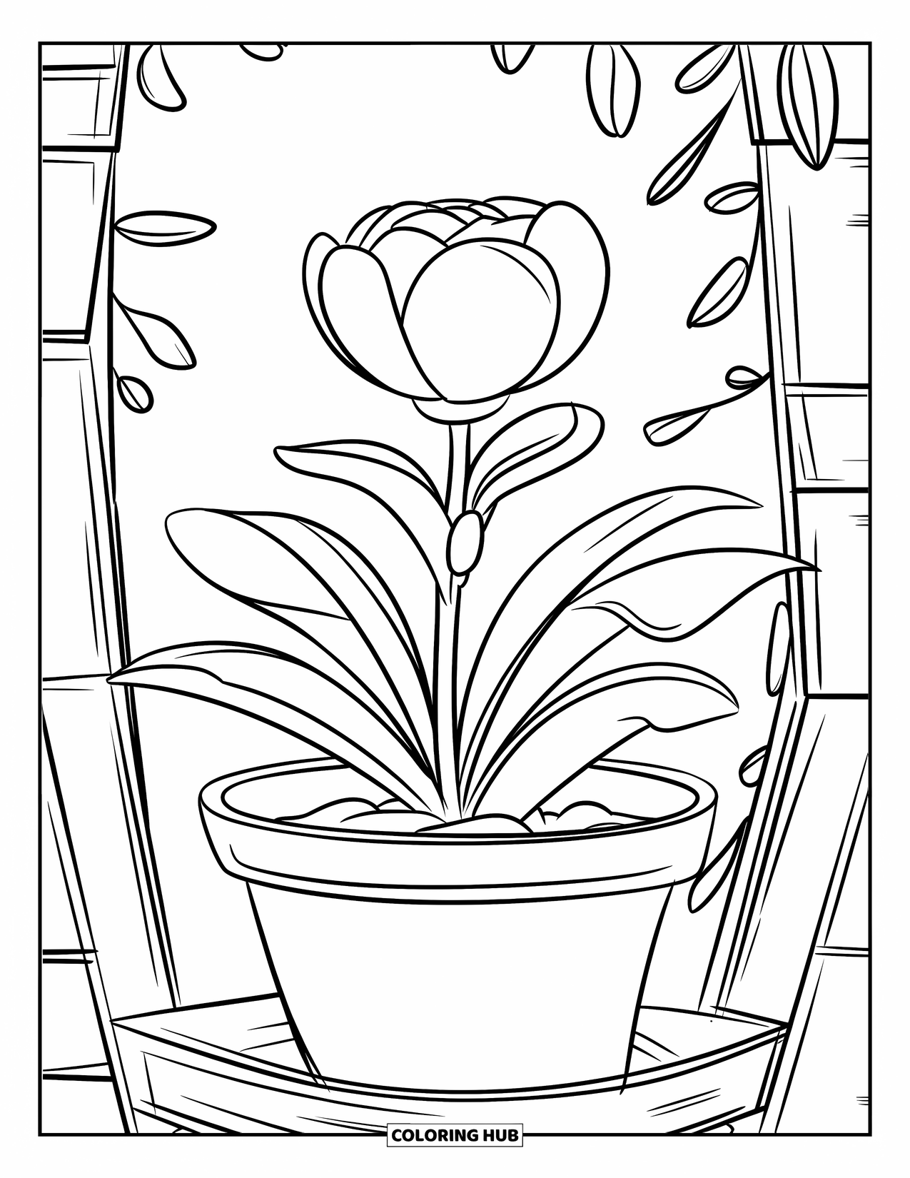 Dibujo de flores para colorear para niños: Una planta con flores en una maceta estampada, colocada sobre un soporte de madera