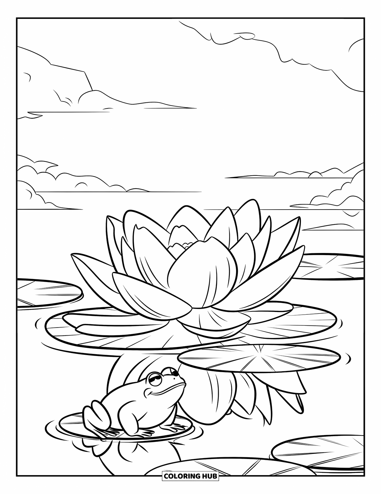 Dibujo de flores para colorear para niños: Una rana posada en una hoja de lirio cerca de una flor de loto completamente florecida