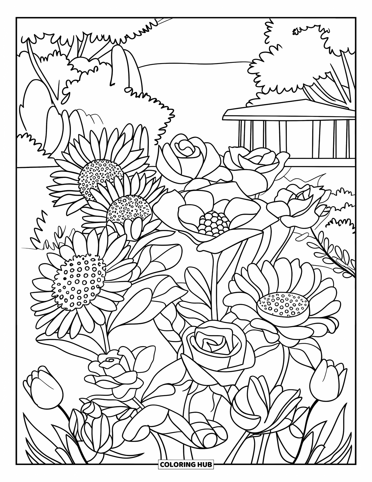 Dibujo de flores para colorear para niños: Un jardín lleno de rosas, girasoles, margaritas y tulipanes en flor, con árboles y un pequeño edificio cerca