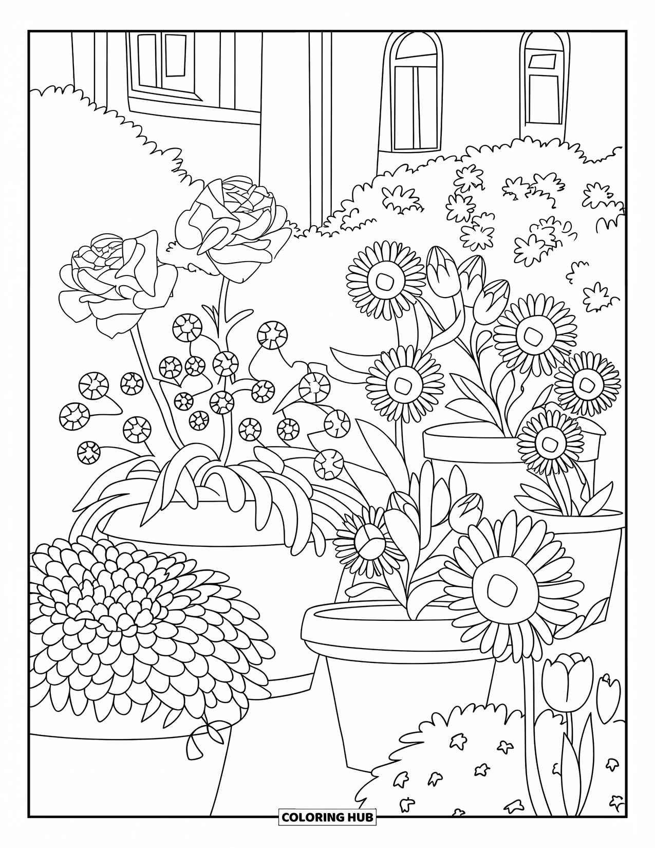 Dibujo de flores para colorear para niños: Un jardín lleno de rosas, margaritas, girasoles y tulipanes en macetas, con caminos sinuosos entre ellos
