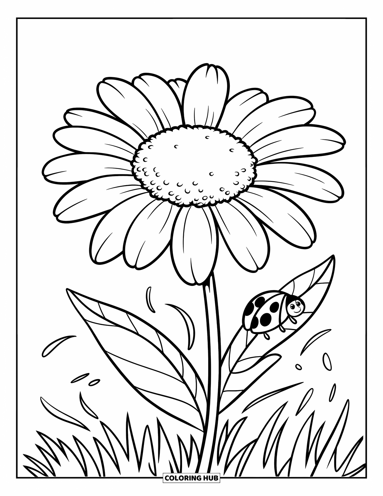 Dibujo de flores para colorear para niños: Una margarita gigante con pétalos gruesos y una pequeña mariquita gateando sobre una de sus hojas