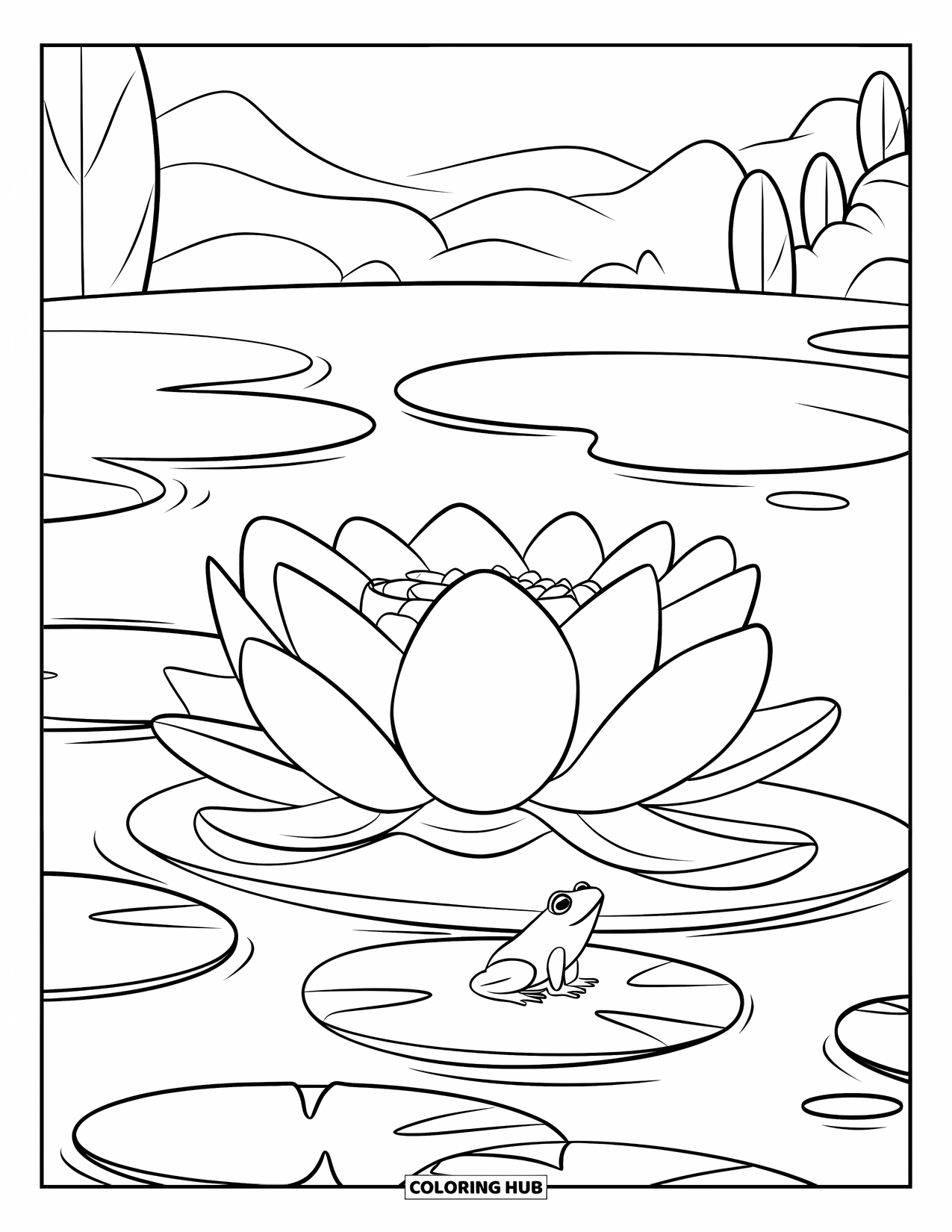 Dibujo de flores para colorear para niños: Una flor de loto flotando en el agua, con una rana sentada cerca en una hoja de lirio