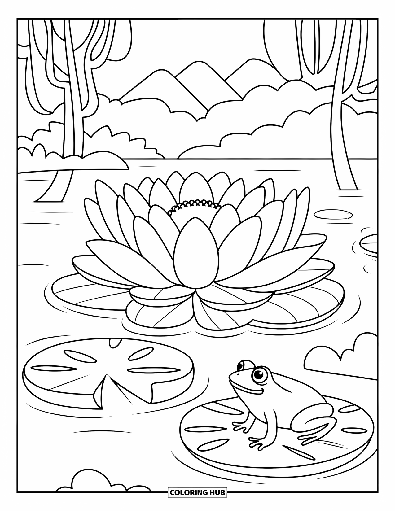 Dibujo de flores para colorear para niños: Una flor de loto con pétalos anchos flotando suavemente en agua tranquila