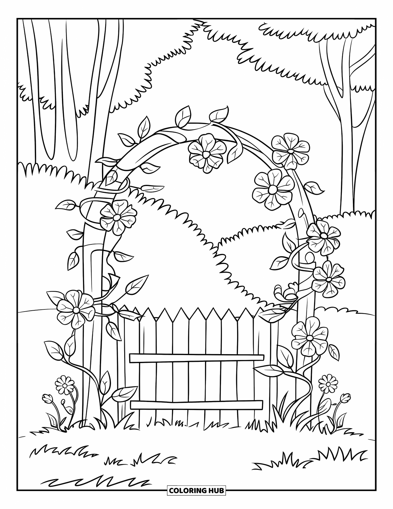 Dibujo de flores para colorear para niños: Un exuberante entorno forestal con enredaderas y flores que se arquean sobre una cerca de madera en un paisaje tranquilo