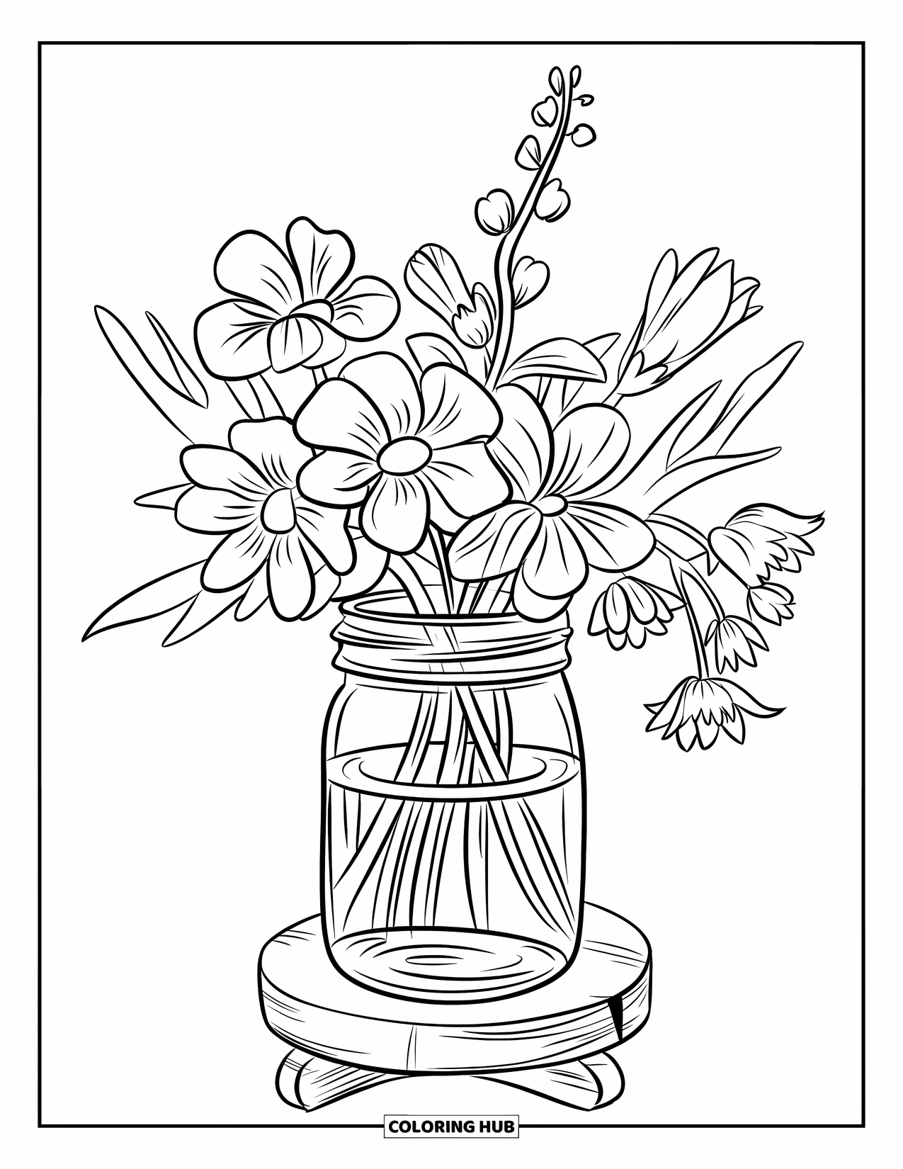 Dibujo de flores para colorear para niños: Un tarro de cristal lleno de flores recién cortadas se sienta sobre un soporte de madera con un fondo simple