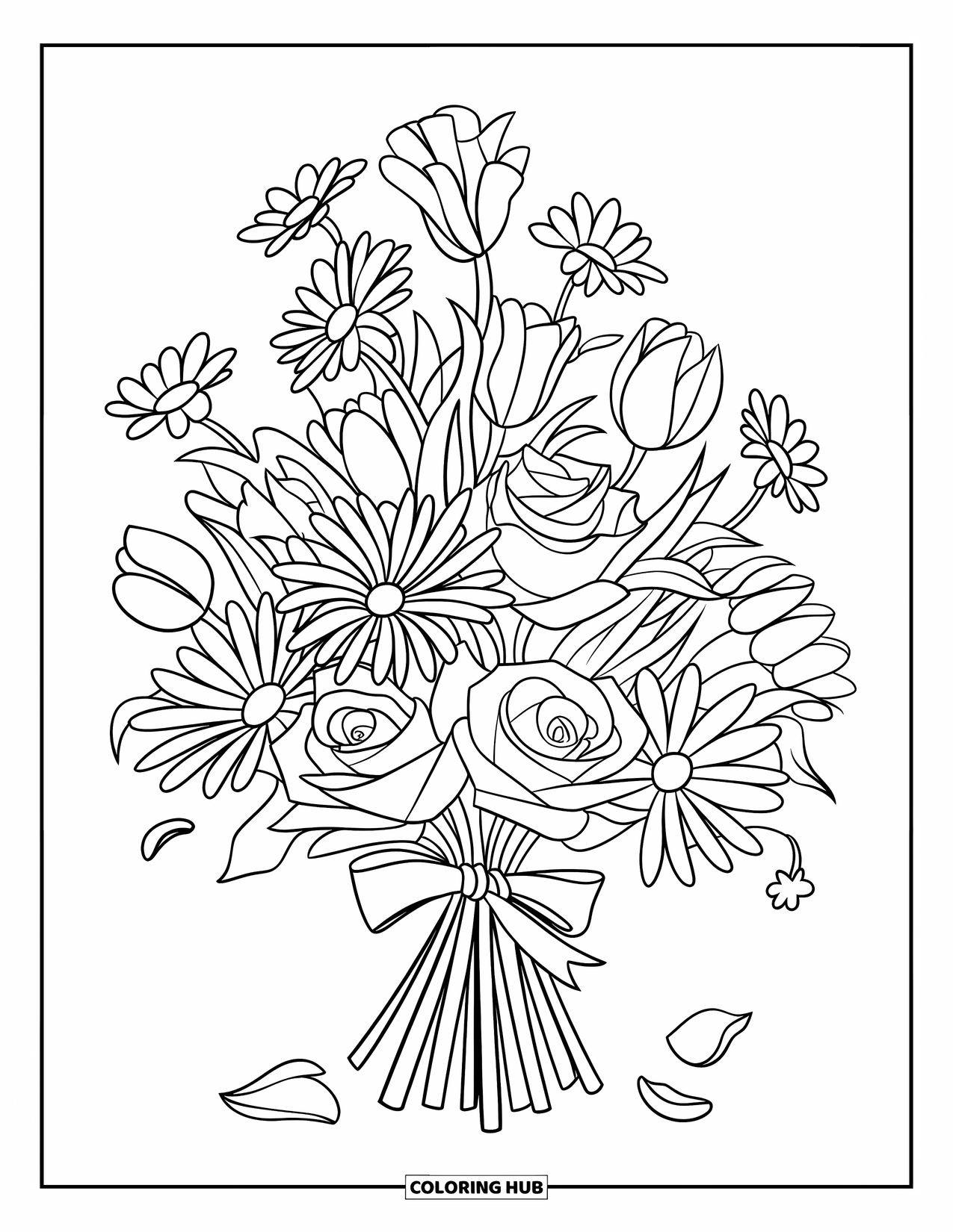Dibujo de flores para colorear para niños: Un ramo mixto de flores atado con una cinta, con algunos pétalos flotando a su alrededor