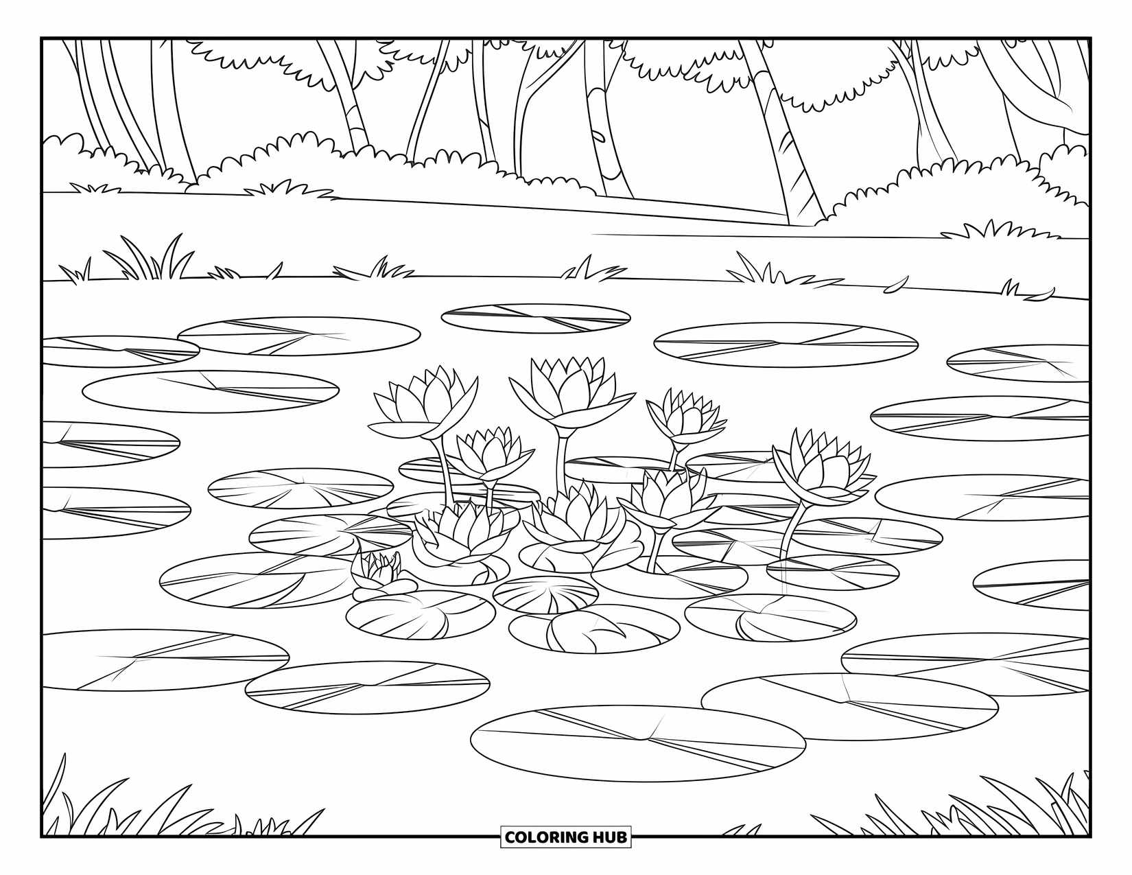 Dibujo de flores para colorear para niños: Un estanque cubierto de hojas de lirio, con nenúfares en flor y árboles que proyectan sombras suaves cerca