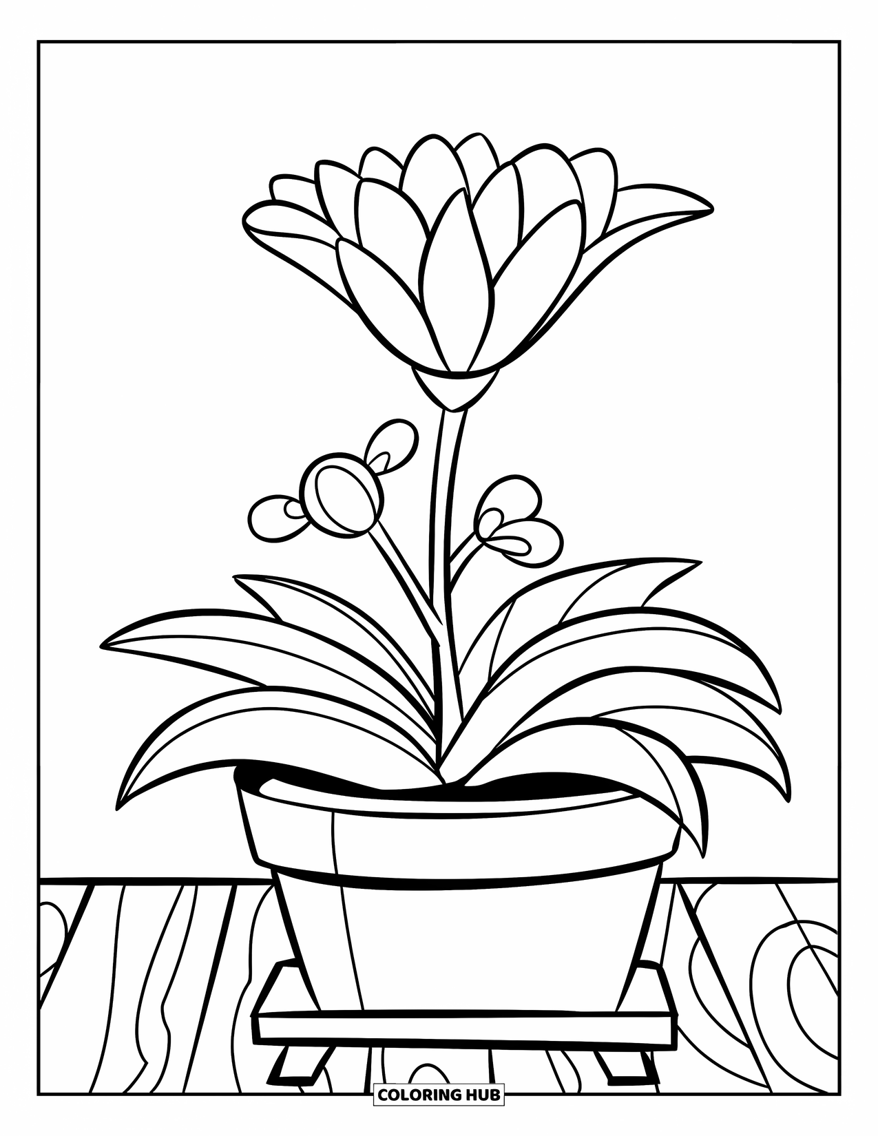 Dibujo de flores para colorear para niños: Una planta en maceta con una flor floreciente y pequeños brotes que crecen en su tallo