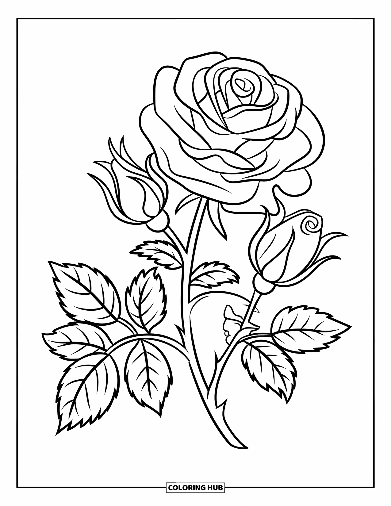 Dibujo de flores para colorear para niños: Una rosa con contornos audaces y delicadas capas de pétalos, con dos brotes brotando del mismo tallo