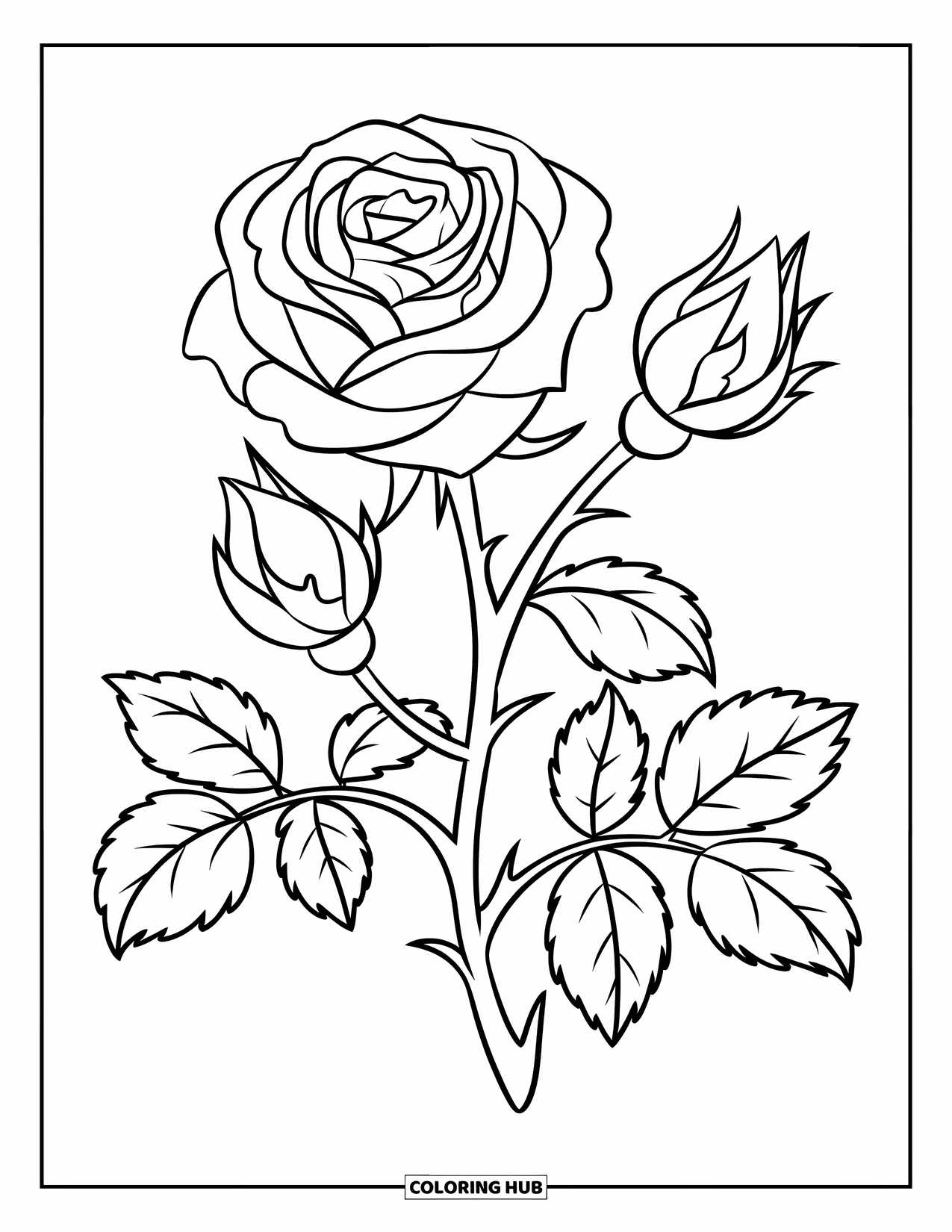 Dibujo de flores para colorear para niños: Una rosa con pétalos en capas y dos brotes en el mismo tallo, delineada en un diseño audaz y nítido