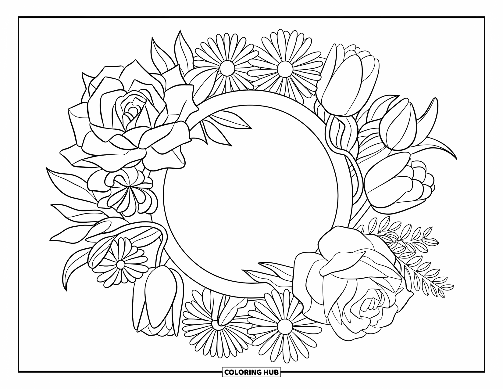 Dibujo de flores para colorear para niños: Un marco floral redondo con rosas, margaritas, tulipanes y lirios, diseñado con contornos limpios y audaces