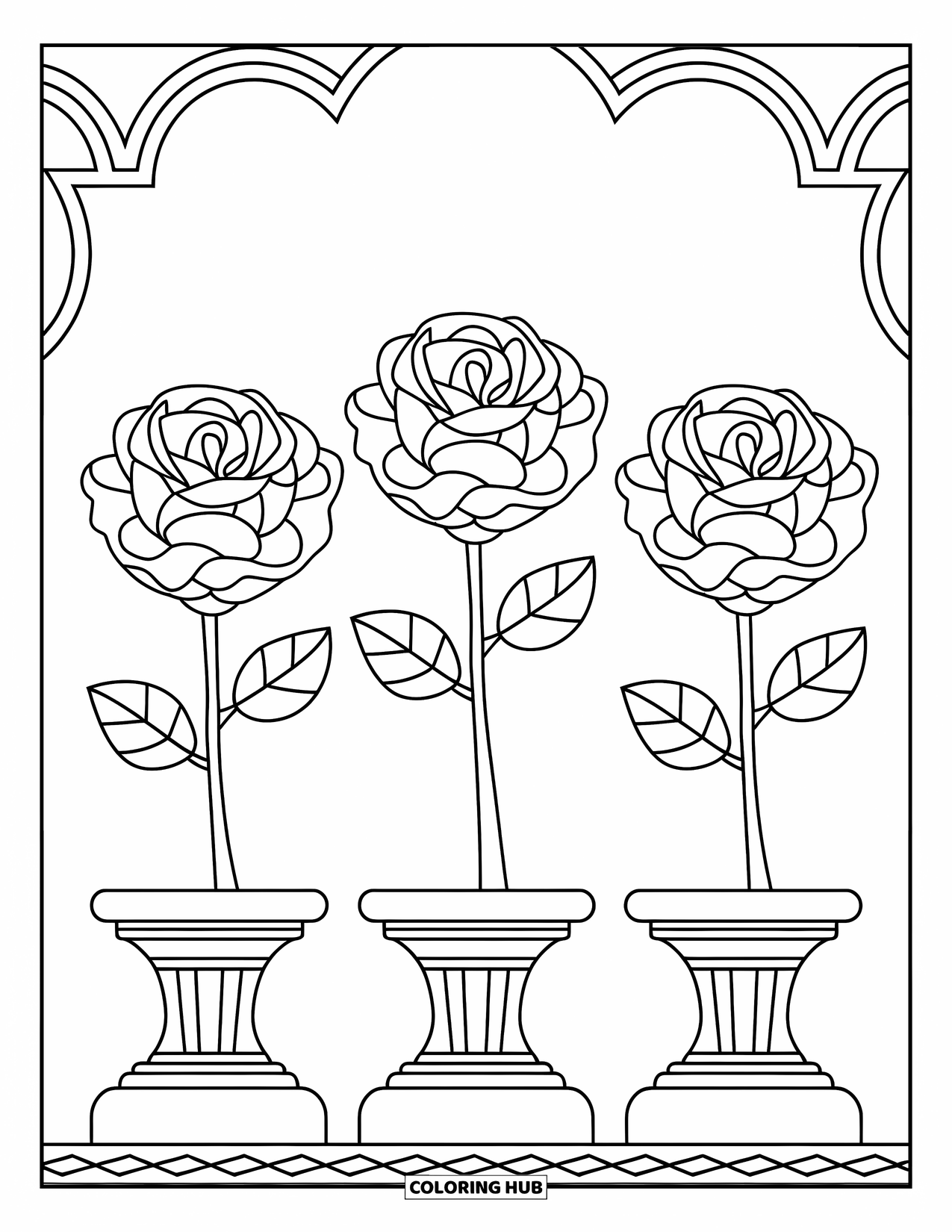 Dibujo de flores para colorear para niños: Una fila de rosas descansando sobre un pedestal, con pétalos suaves en capas
