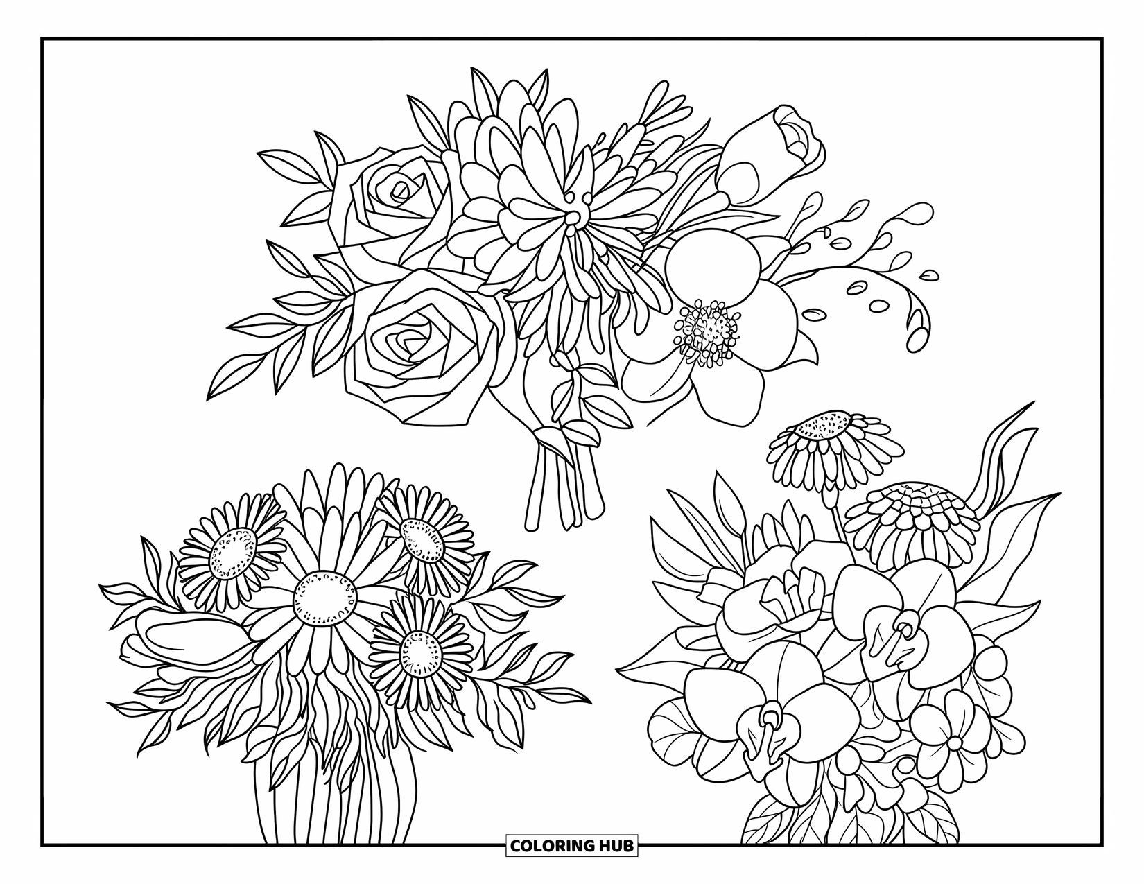 Dibujo de flores para colorear para niños: Un conjunto de tres ramos florales con rosas, lirios, girasoles, margaritas y peonías en diferentes jarrones